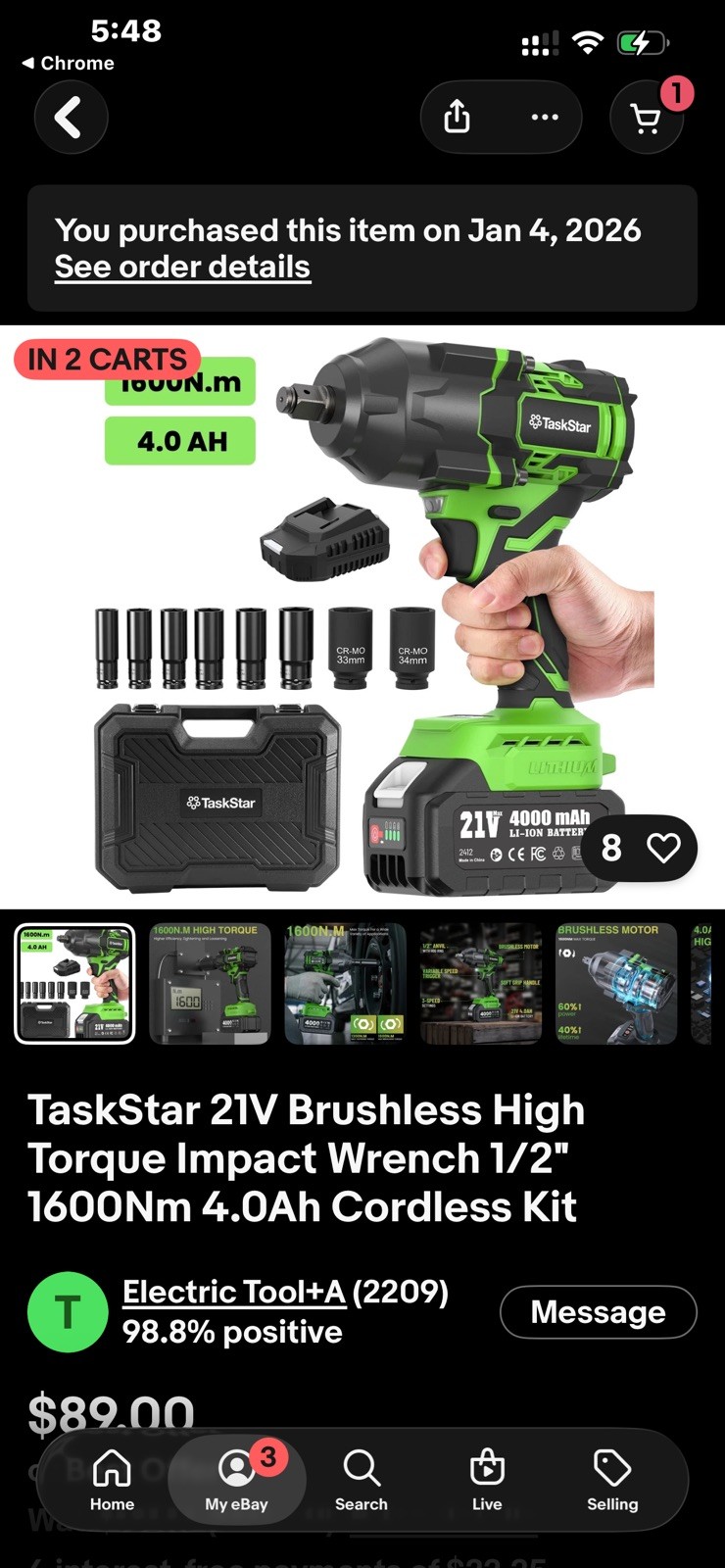 TaskStar 21V Brushless High Torque Impact Wrench 1/2&Prime; 1600Nm 4.0Ah Cordless Kit