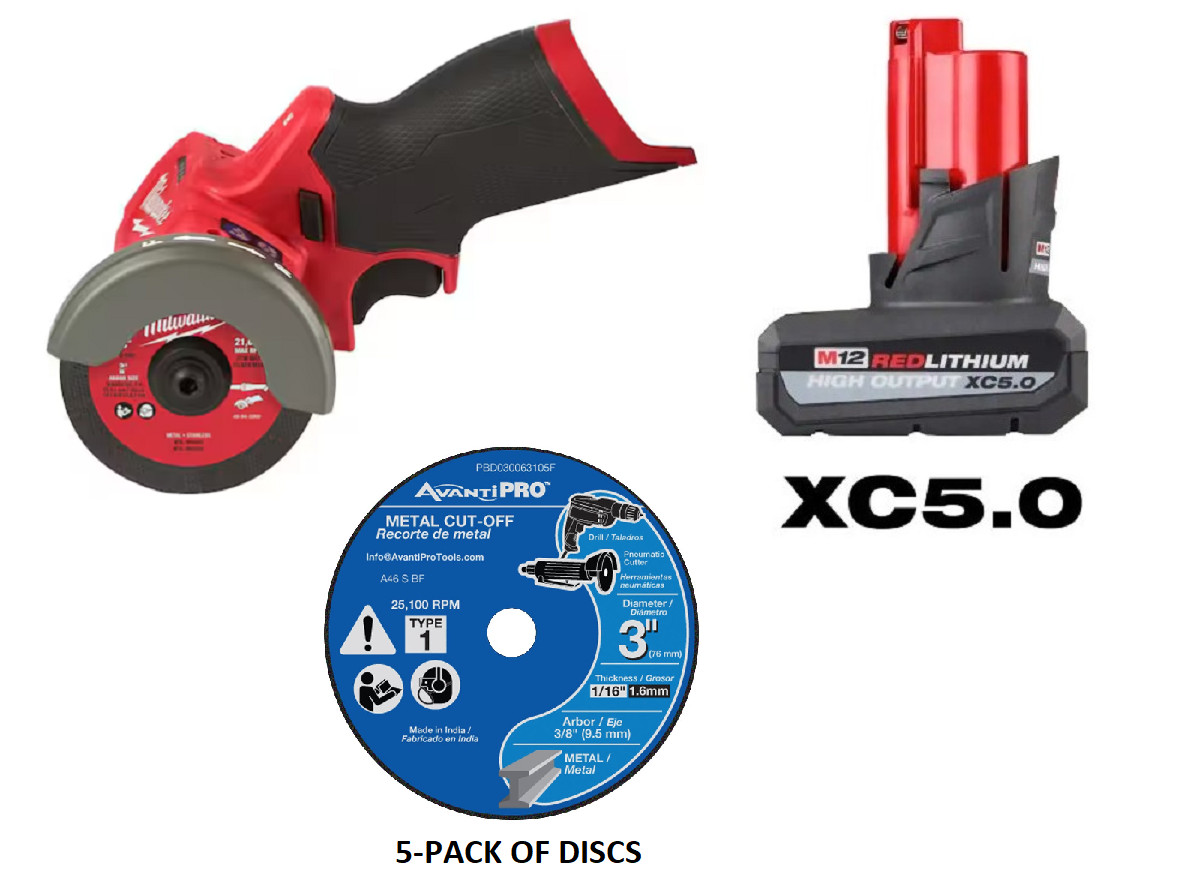 New Milwaukee 2522-20 12 Volt FUEL 3&Prime; Compact Cut Off Tool,Discs & 5 a/h Bat