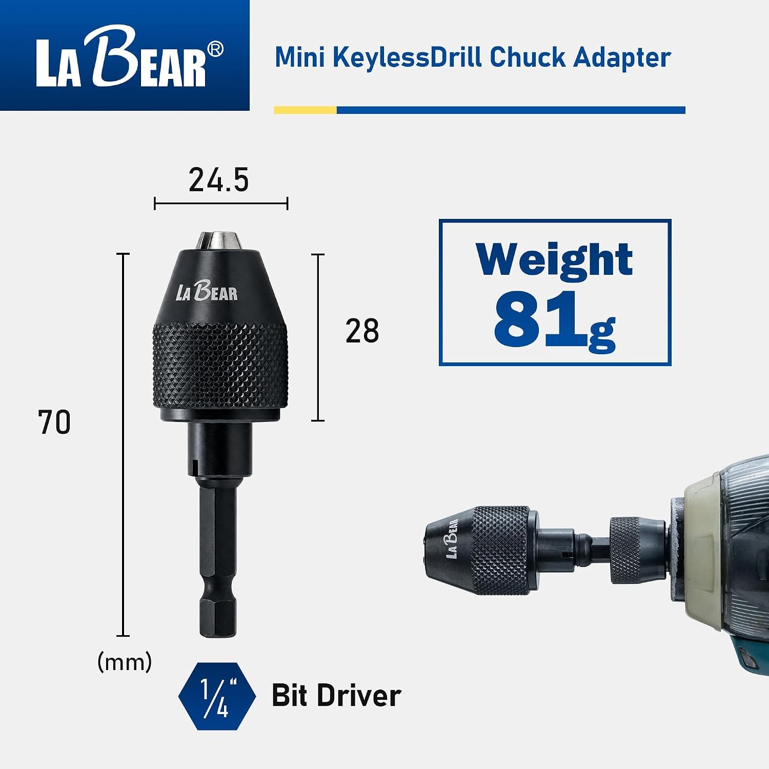Keyless Drill Chuck 1.5-6mm 1/4 Hex Shank 3 Jaw Grip Tool Free For Cordless Scre