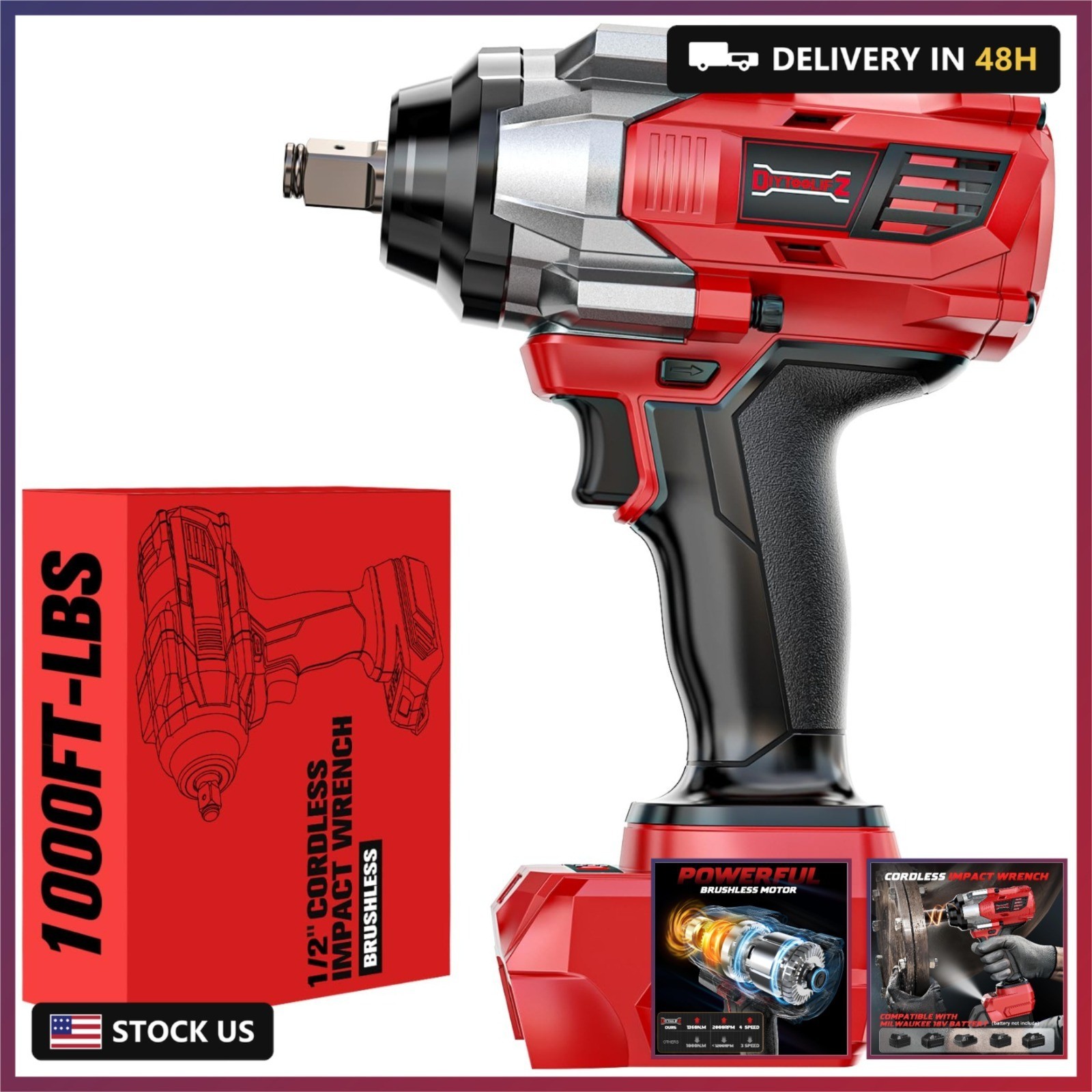 Cordless Impact Wrench 1/2&Prime; Compatible with Milwaukee 18V Battery, 1000Ft-lbs(13