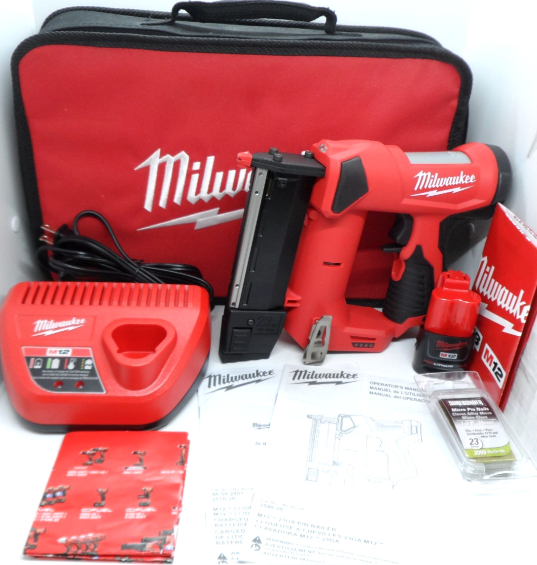 NEW ~ Milwaukee (2540-20) M12 23GA Cordless 12v Pin Nailer Tool Kit Accessories
