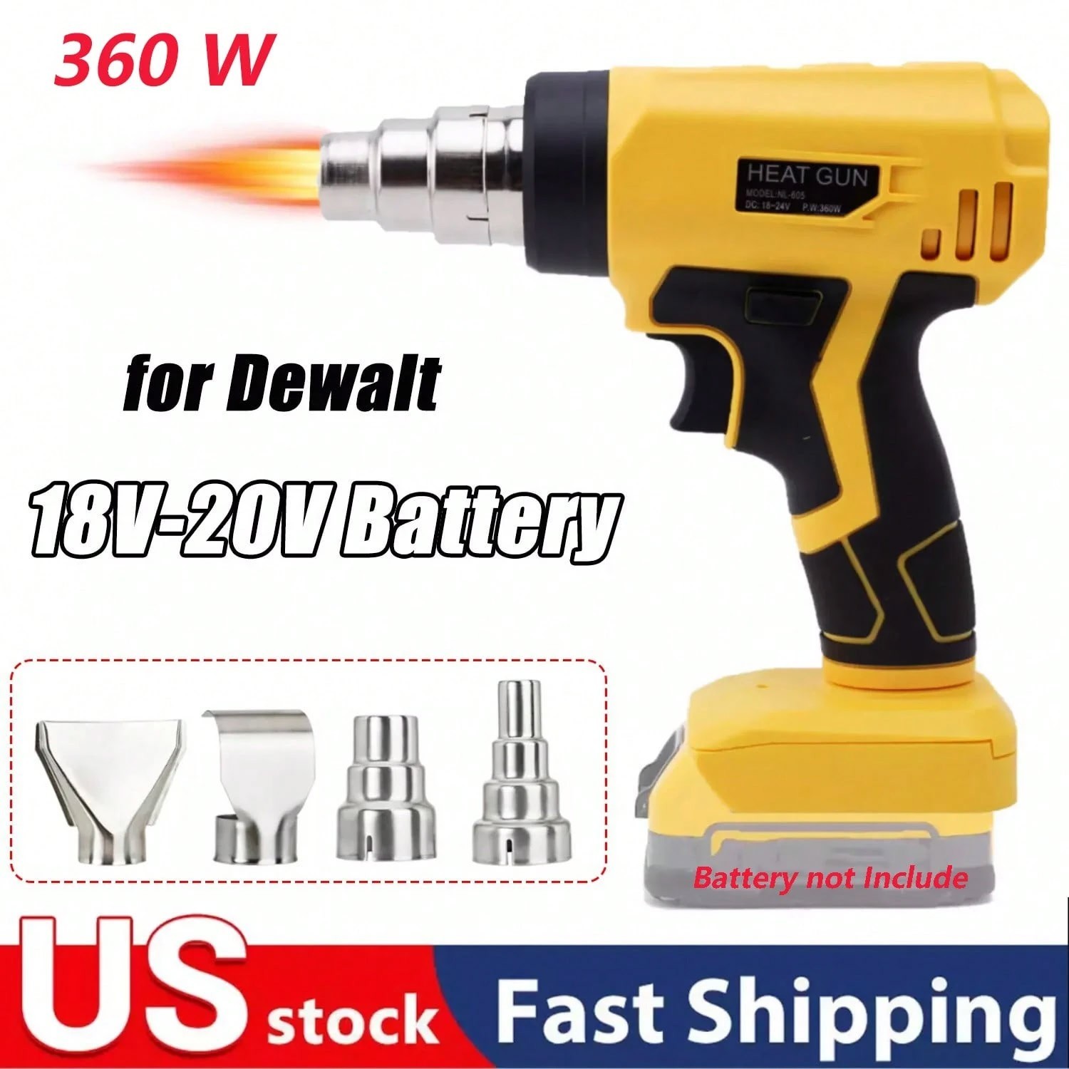 20V Cordless Heat Gun 360W 752°F 4 Nozzles Tool Only