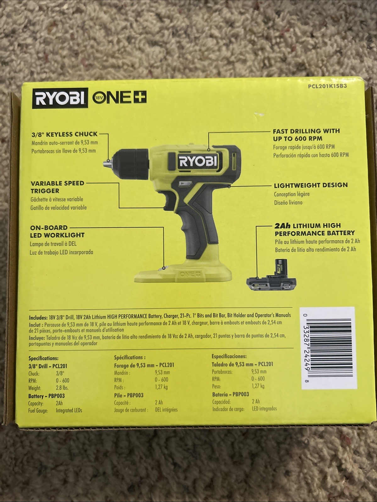 Ryobi PCL201K1 ONE+ 18V 3/8 in. Drill/Driver Kit, 2Ah PBP003 Battery, Charger