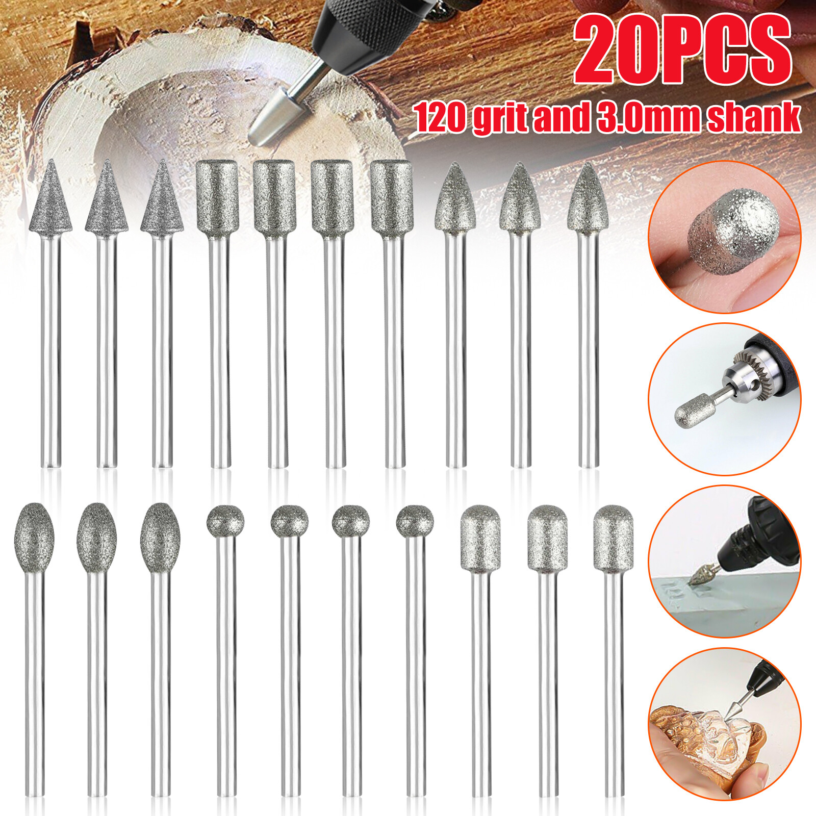20Pcs 120Grit Diamond Burr Drill Bit Grinding Carving Set for Dremel Rotary Tool