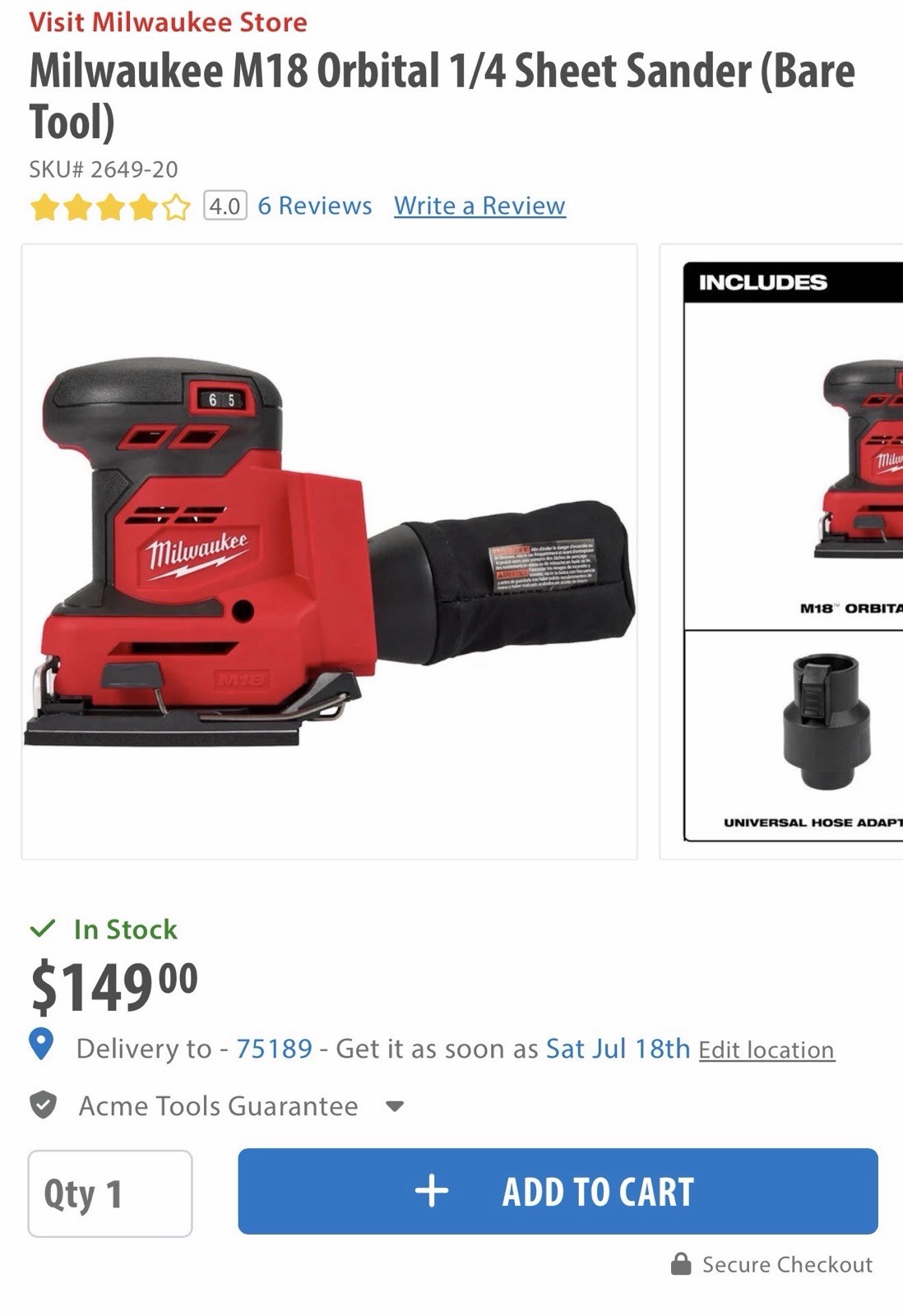 Milwaukee M18 Orbital 1/4 Sheet Sander (Bare Tool)