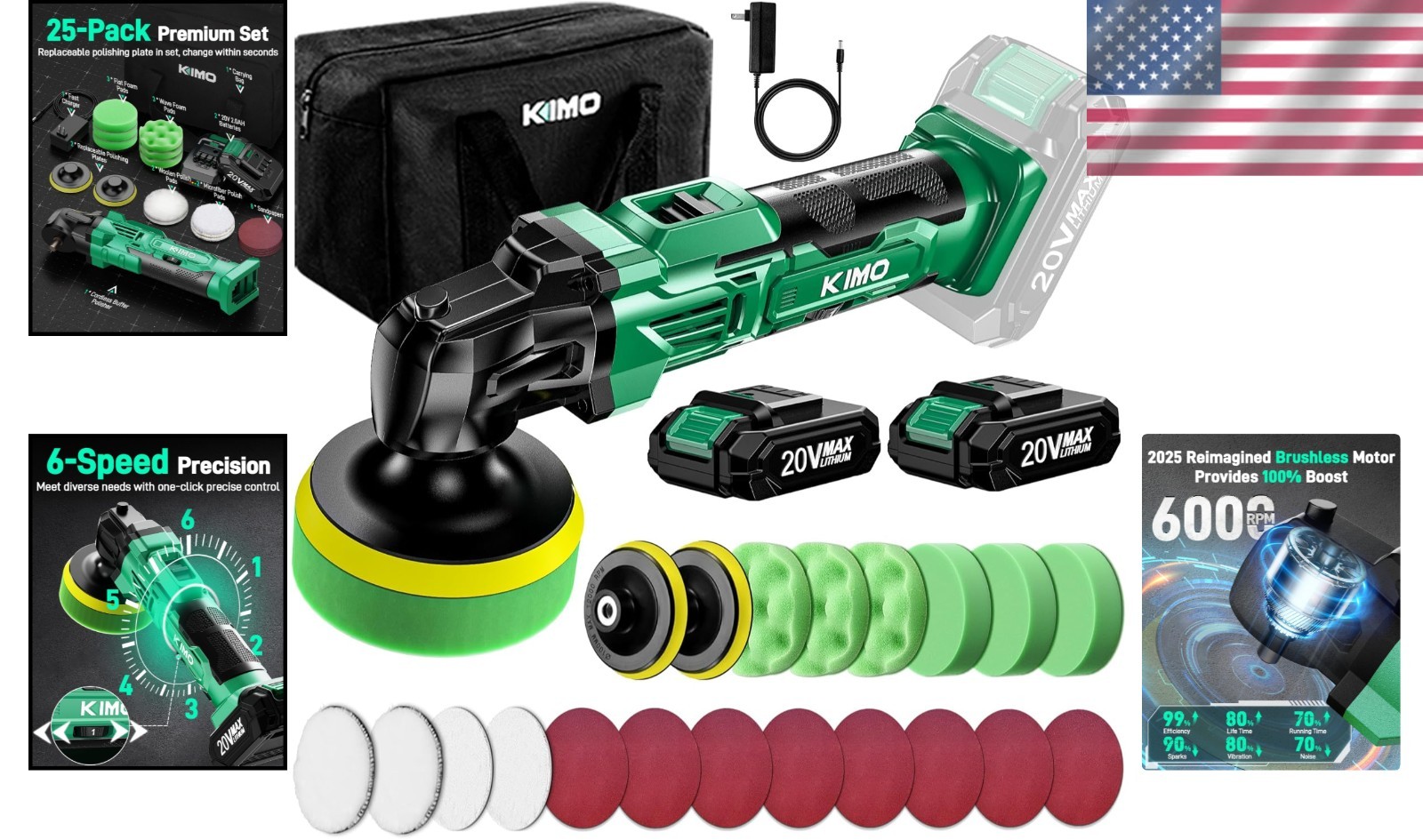 Lightweight KIMO 20V Cordless Buffer with Dual Battery & Fast Charger, 2.5 lbs