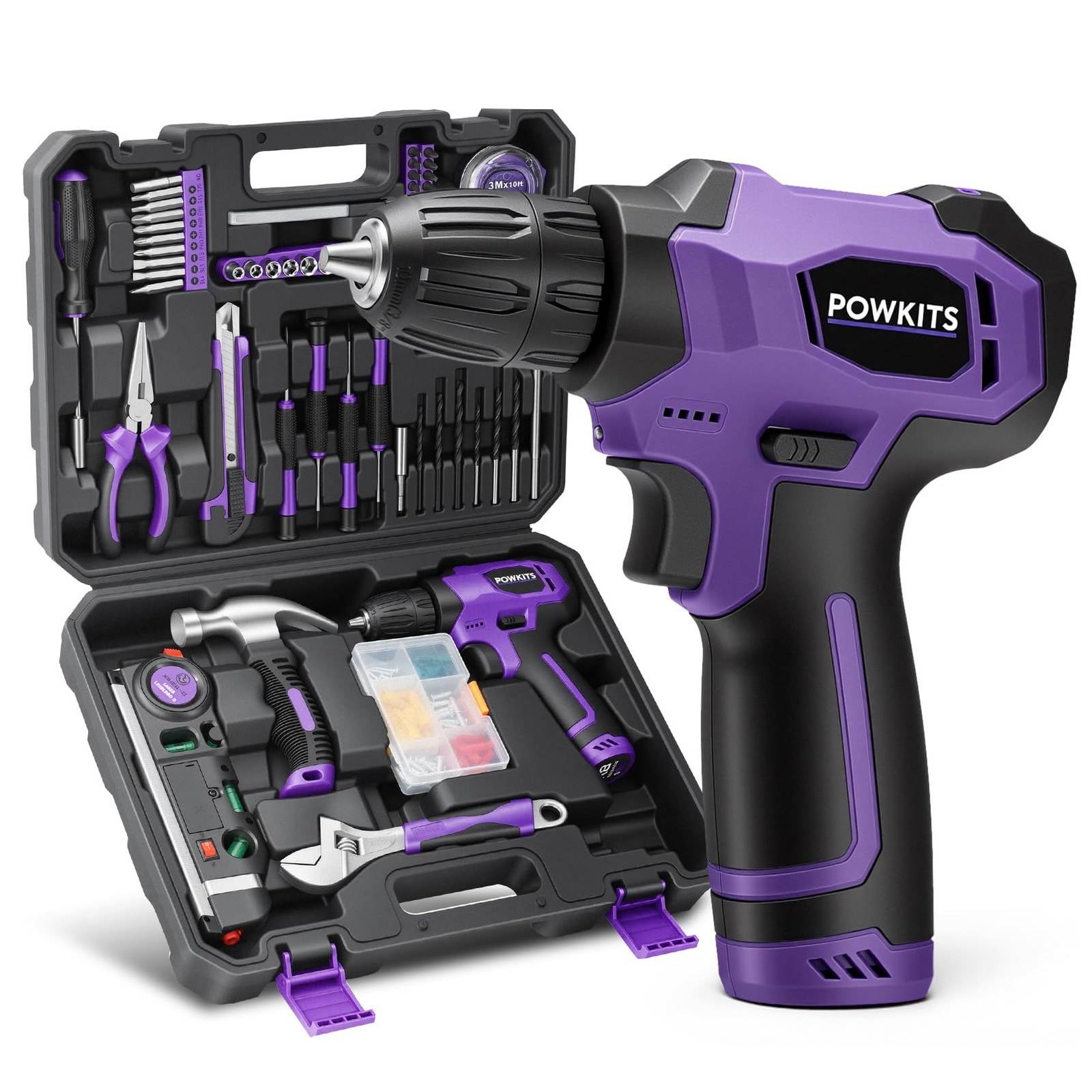 8V Cordless Drill Set, Built-in LED, Rechargeable Purple Power Drill with Dri…