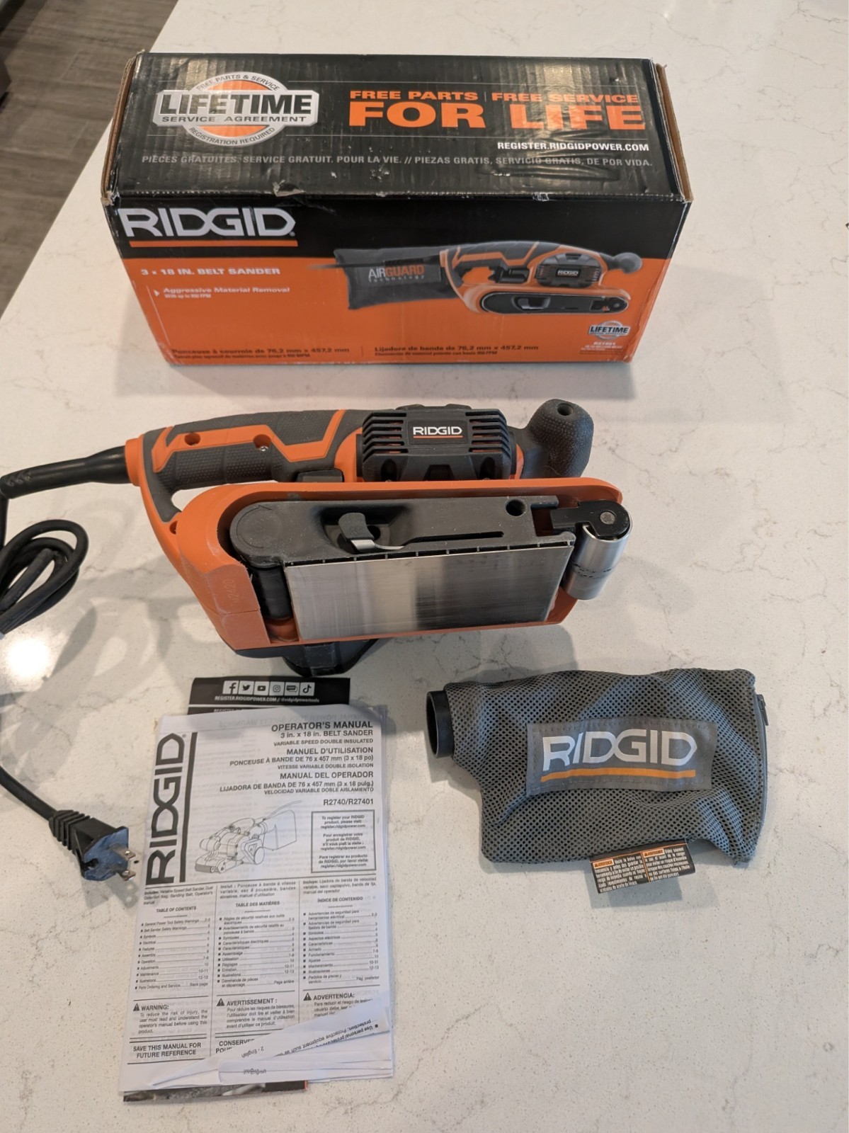 RIDGID R27401 6.5 Amp Corded 3 in x 18 in Heavy-Duty Variable Speed Belt Sander