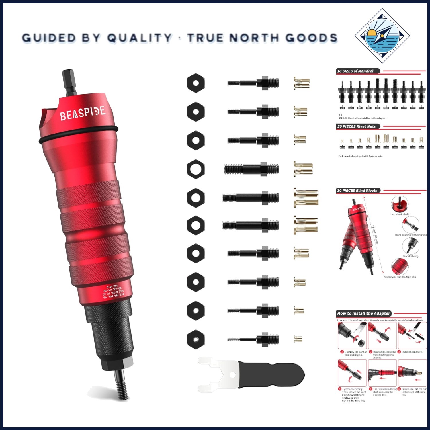 Rivet Nut Drill Adapter Kit for Electric Drills with 50 Assorted Rivet Nuts
