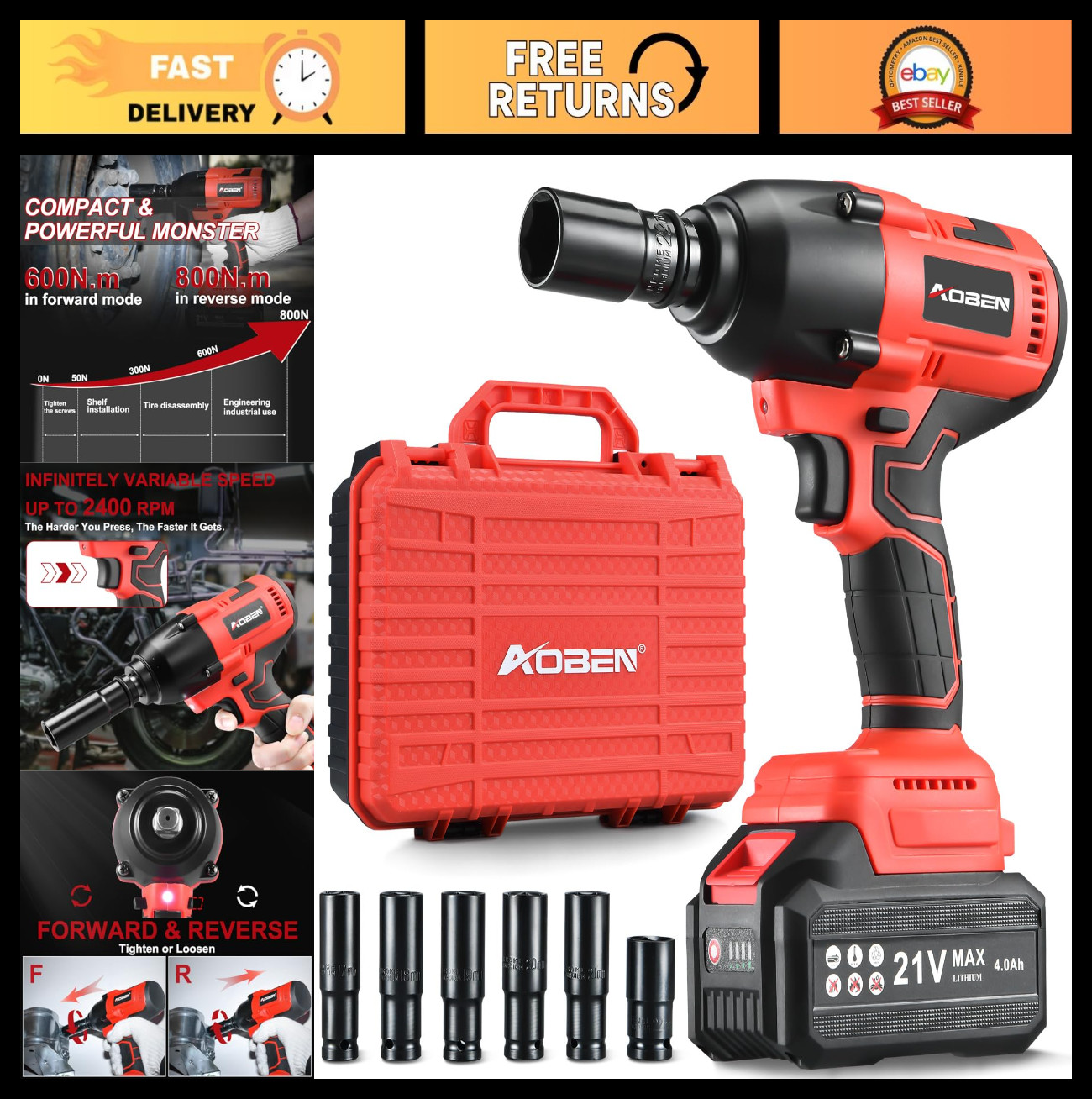 Cordless 1/2&Prime; Impact Wrench Kit – 600N.m Torque, Electric Driver, 4.0Ah Battery,