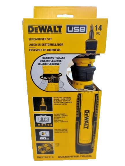 DEWALT USB RECHARGEABLE DWHT66719 FLEXDRIVE CORDLESS SCREWDRIVER 14PC SET