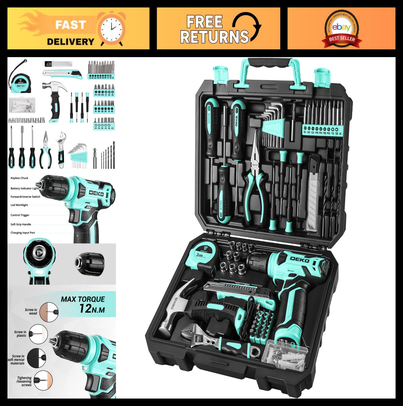 126-Piece Cordless Drill Set with 8V Drill, Home Tool Kit for Women, Turquoise