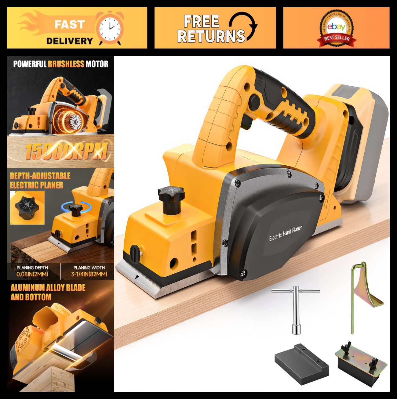 Cordless Handheld Electric Planer 15000RPM, 3-1/4 Inch for Woodworking & DIY