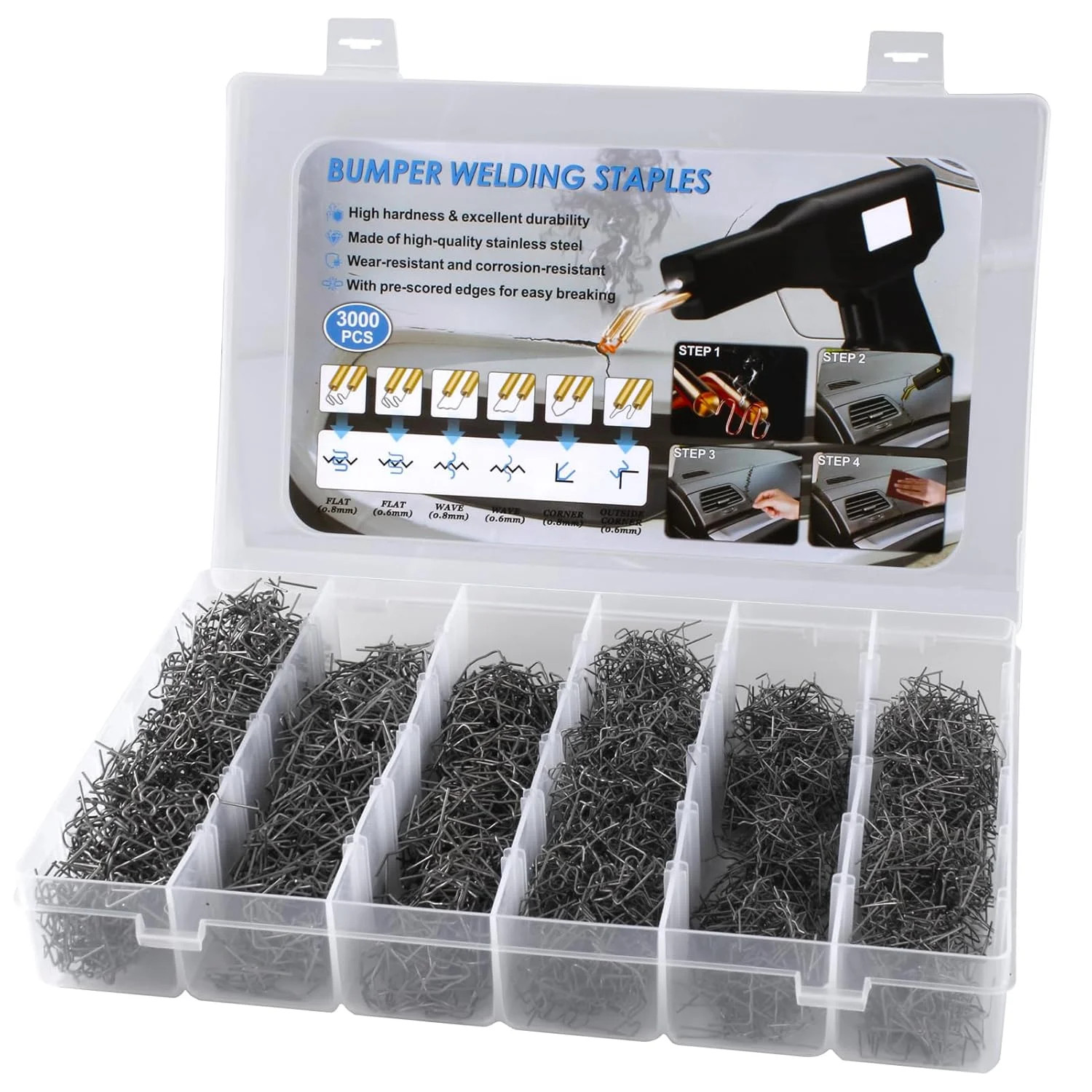 3000PCS Plastic Welding Staples 0.6/0.8mm – 6 Types Hot Stapler Kit for Car Bump
