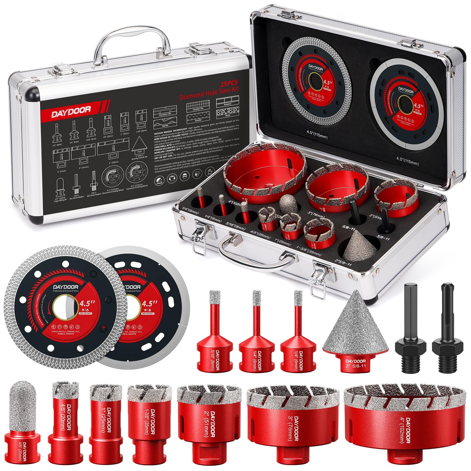 DAYDOOR 15PCS Diamond Hole Saw Kit Tile Granite Marble Drill Bit Set Case