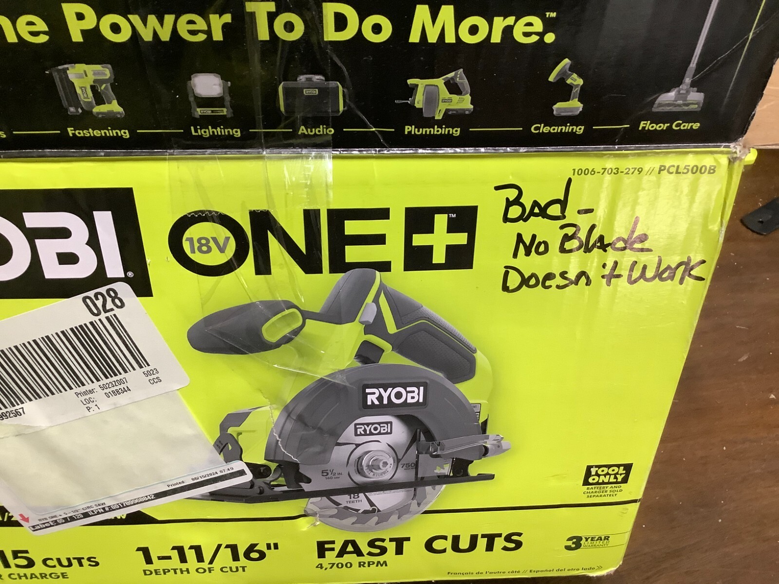 Ryobi PCL500 18V 5-1/2&Prime; Circular Saw (TOOL ONLY) FOR PARTS