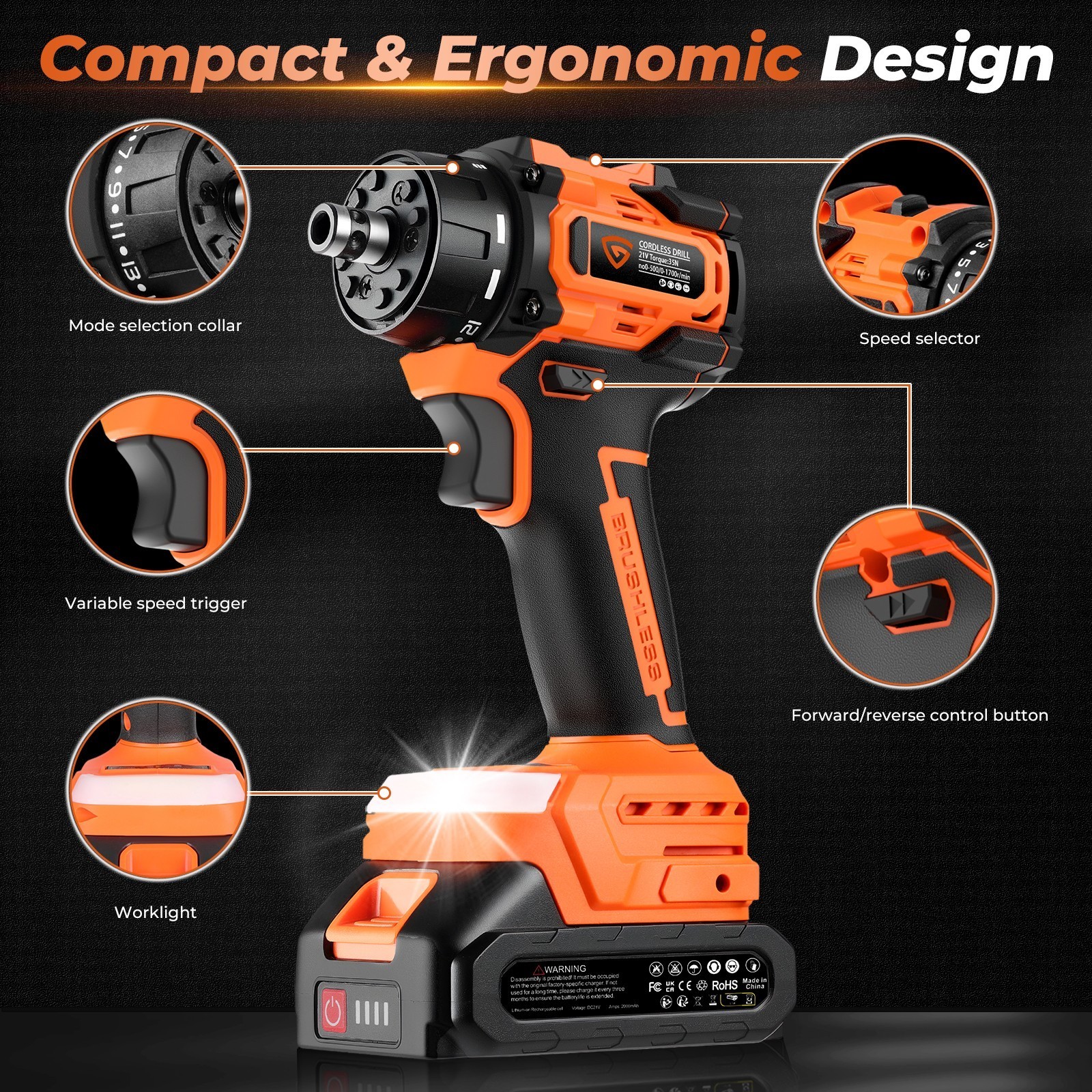21V Cordless Impact Wrench High Torque 1/2&Prime; Brushless Drill with 2×2.0Ah Battery
