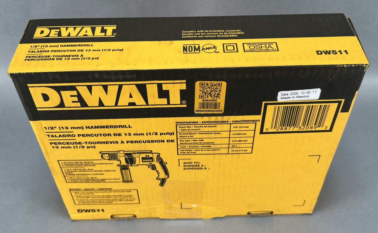 DEWALT DW511 1/2&Prime; VSR Single Speed Corded Hammerdrill