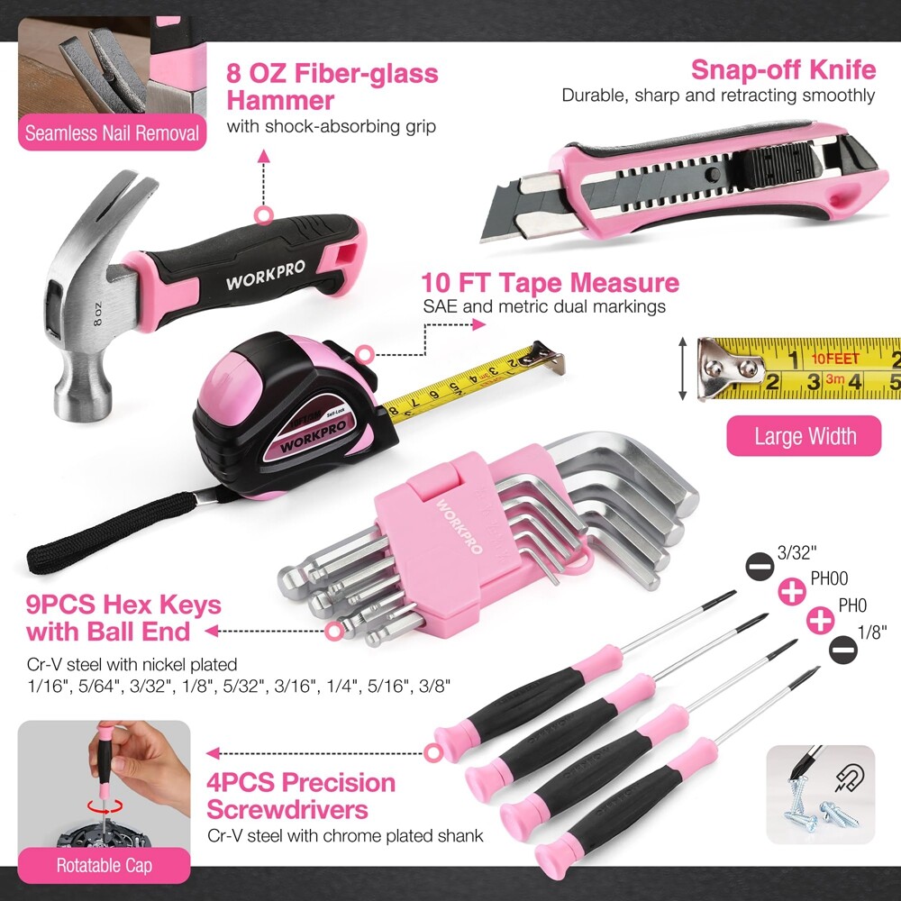 WORKPRO Cordless Drill Driver 43PCS Pink Tool Set 8V Lithium-ion Power Drill Bit