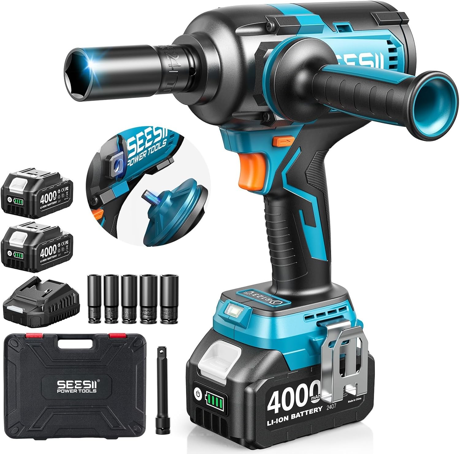 Seesii 1/2&Prime; 1200N·m Brushless Electric Cordless Impact Wrench Detachable Handle