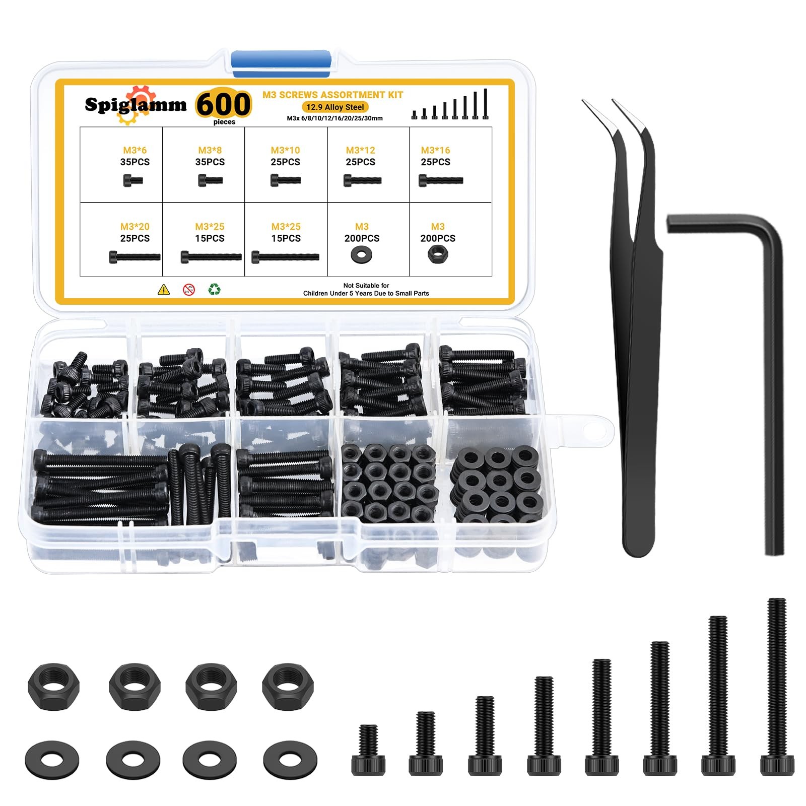 600 Pcs M3 Screws 6mm, 8mm, 10mm, 12mm, 16mm, 20mm, 25mm, 30mm, Black