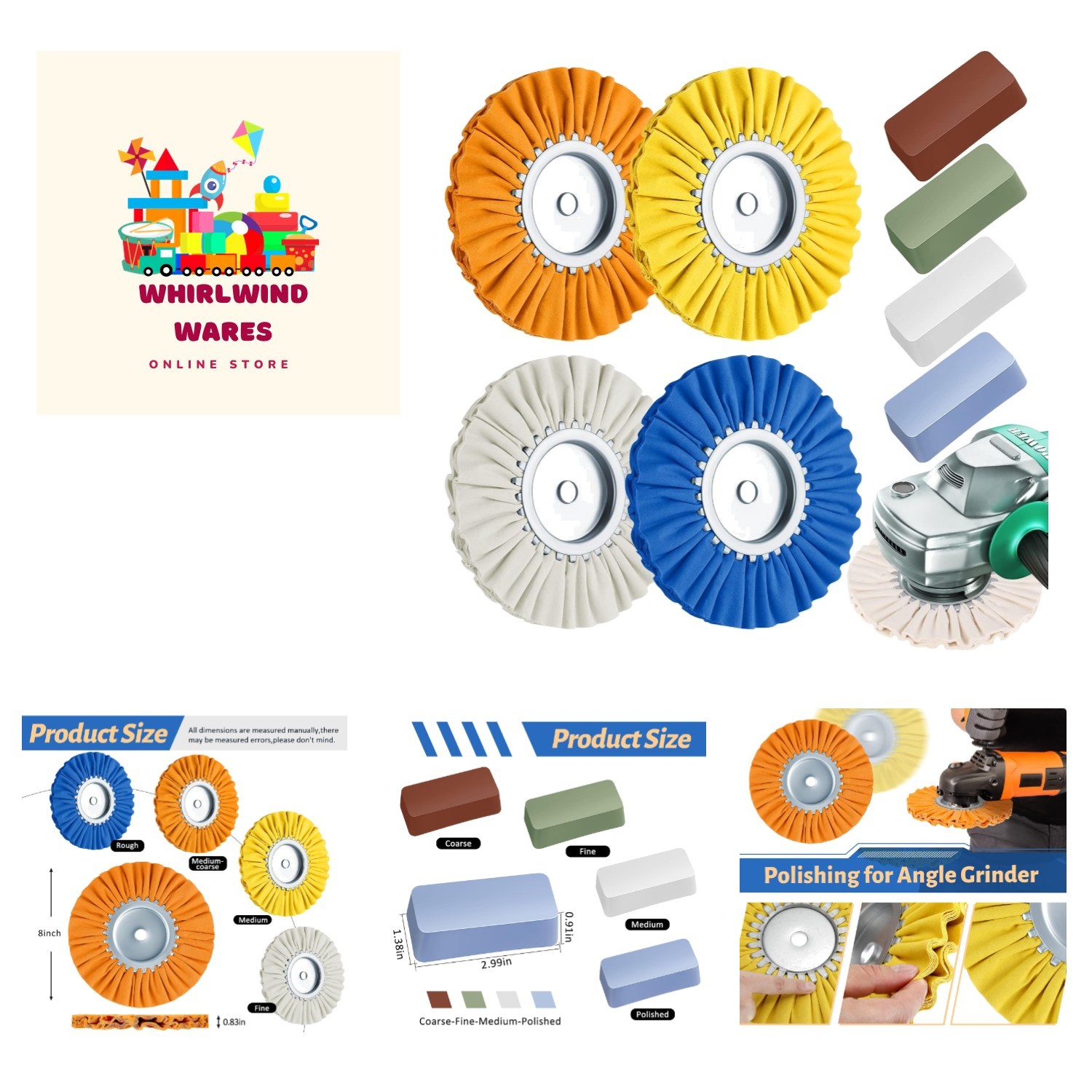 8&Prime; Aluminum Polishing Wheel Set – 9 Pcs with Safety Flange & Grit Types