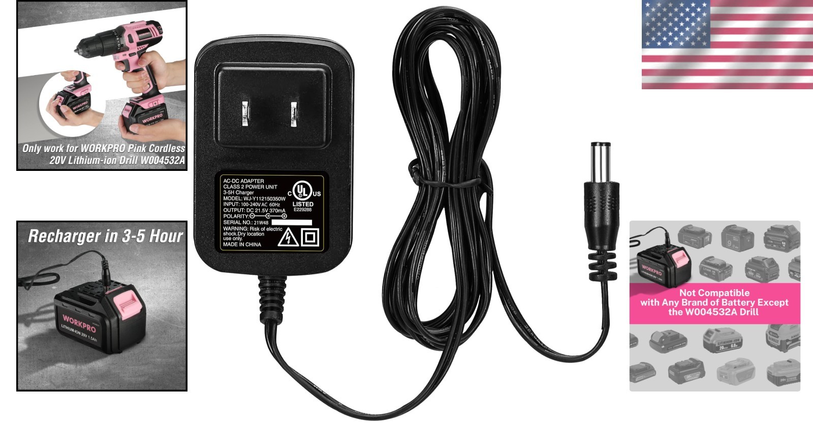 Replacement Charger Cord for Pink Cordless 20V Drill Model W004532A