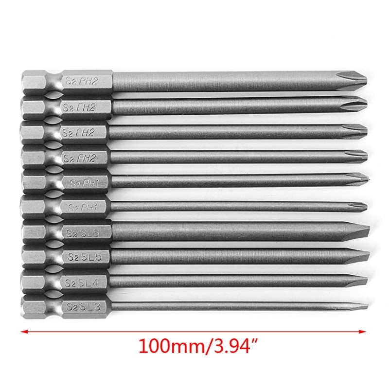 10 Pcs Slotted PH2 Screwdriver Bit S2 Steel 1/4 Hex Shank 100mm