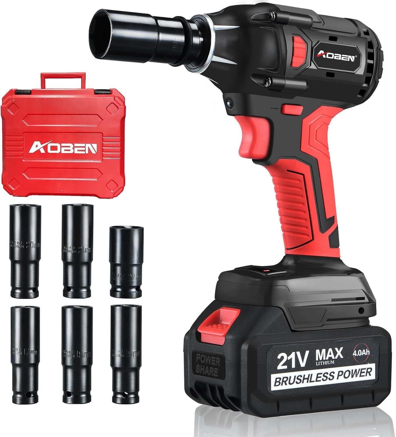 AOBEN 21V Cordless Impact Wrench: 400N.m, 3000rpm, 4.0Ah Battery, 6 Sockets, Bag