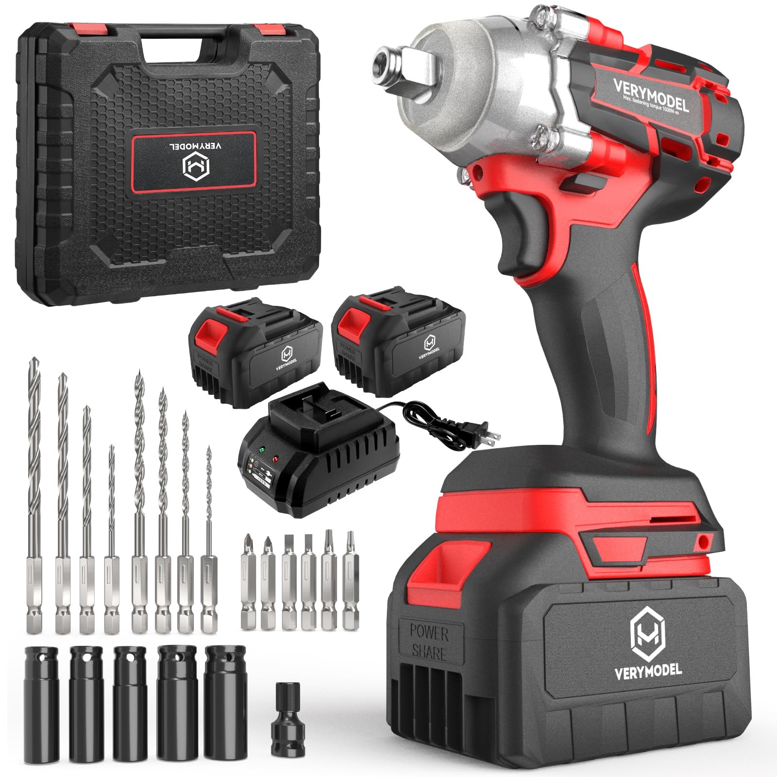 Verymodel Cordless Impact Wrench1000N.M740 Ft-Lbs High Torque Brushless 1/2