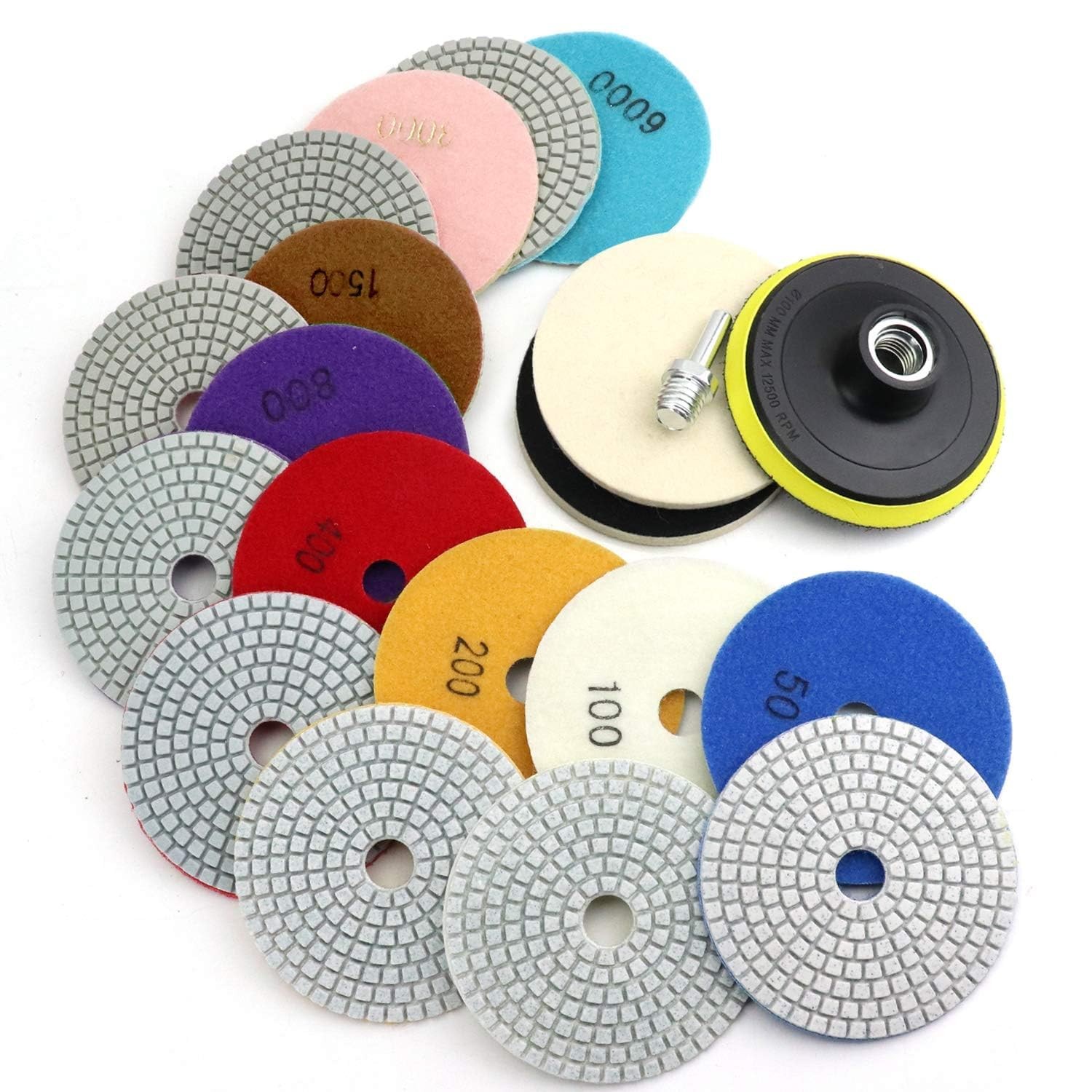 4 Inch Diamond Polishing Pads with 5/8’’-11 Backer Pad, 12PCS Wet/Dry Granite…
