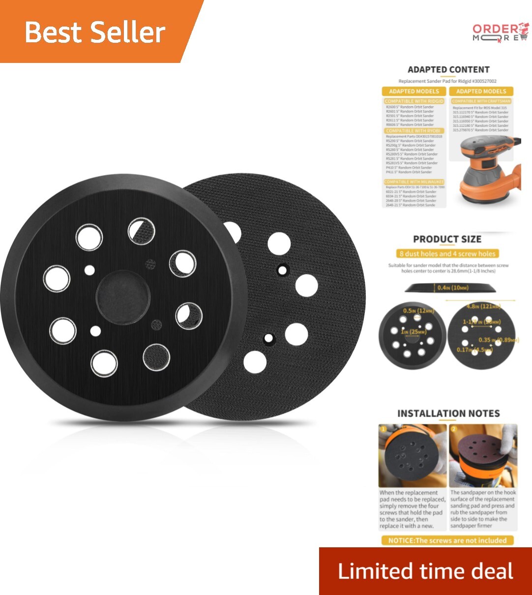 2-Pack 5 Inch Orbital Sander Pads for Ridgid R2501 R2600 Replacement Parts