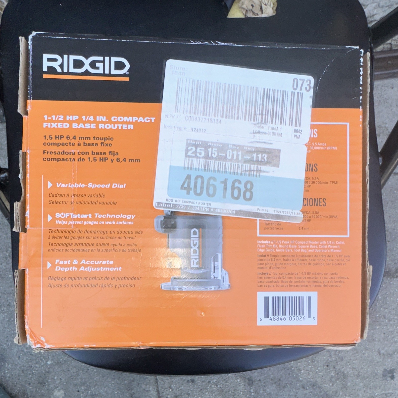 RIDGID R24012 1-1/2 HP 1/4 in Fixed-Base Corded Router 120V Orange