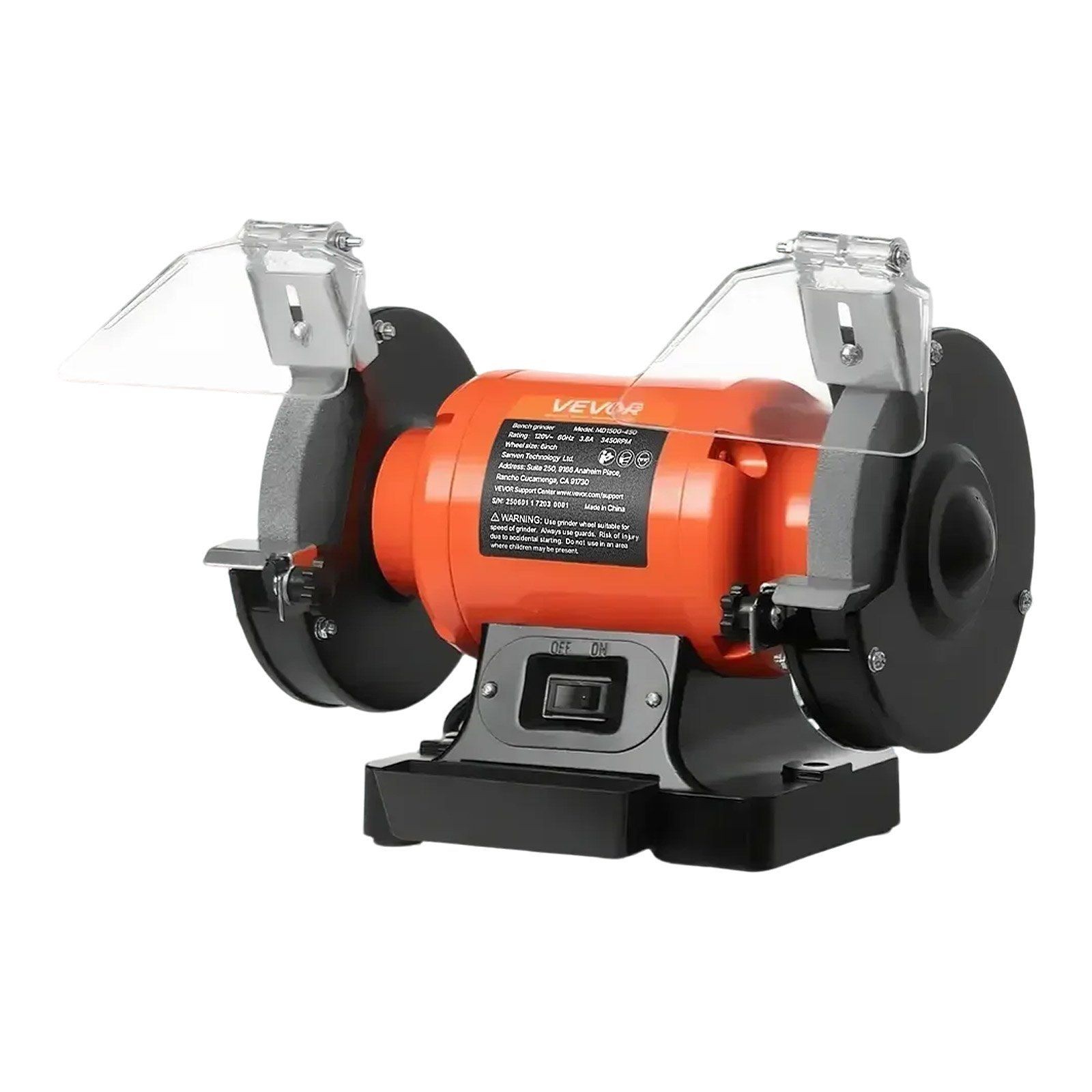 Bench Grinder 6in, 450W 3.8A Motor, 3450RPM, Adjustable Eye Shield & Tool Rest