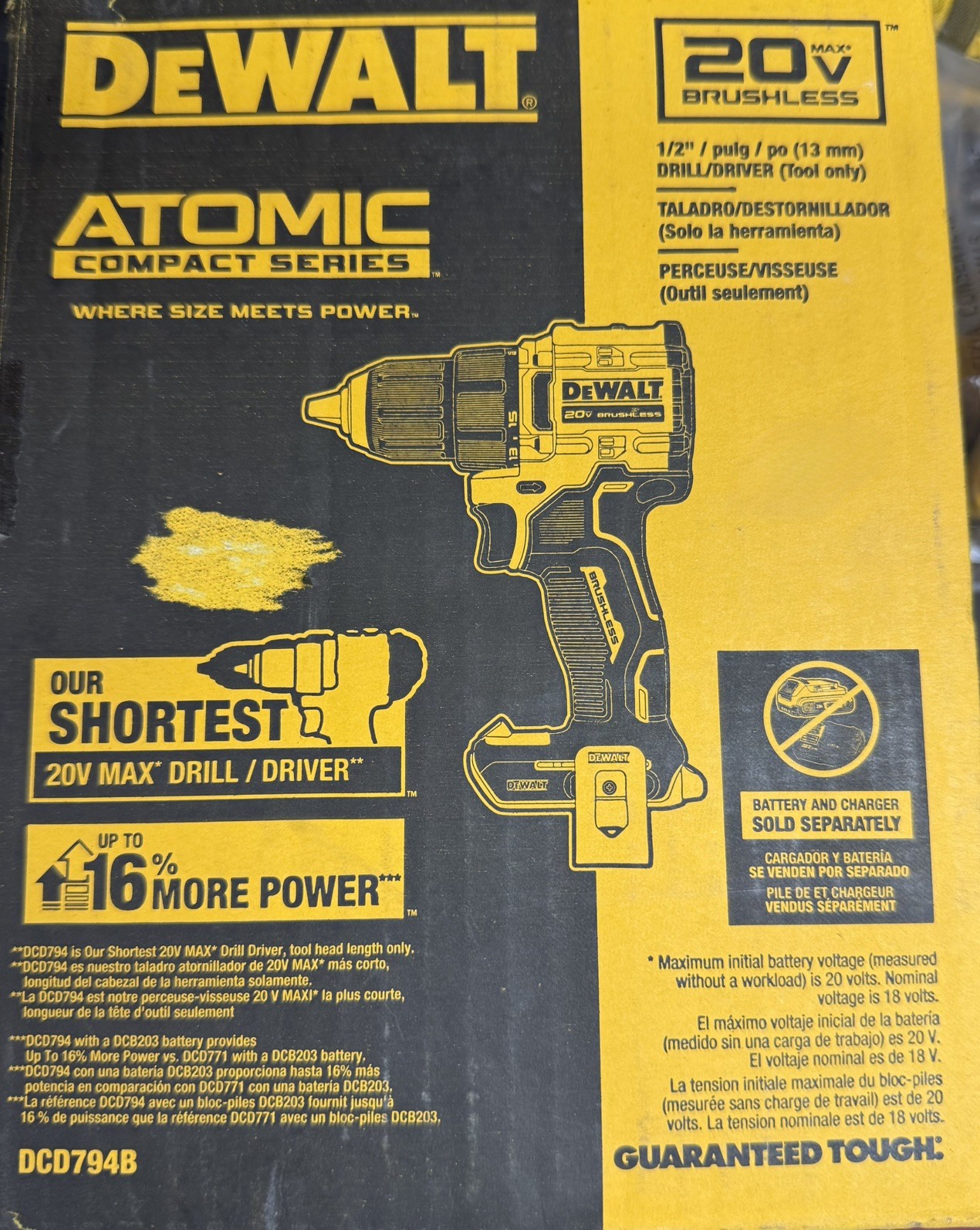 DeWALT DCD794B 20V MAX XR Atomic Brushless 1/2&Prime; Drill/Driver Bare Tool