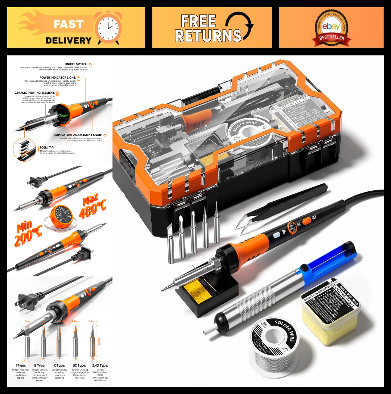 60W Soldering Iron Kit – Adjustable Temp 200-450°C, 12-in-1 Tool, Tips & Solder