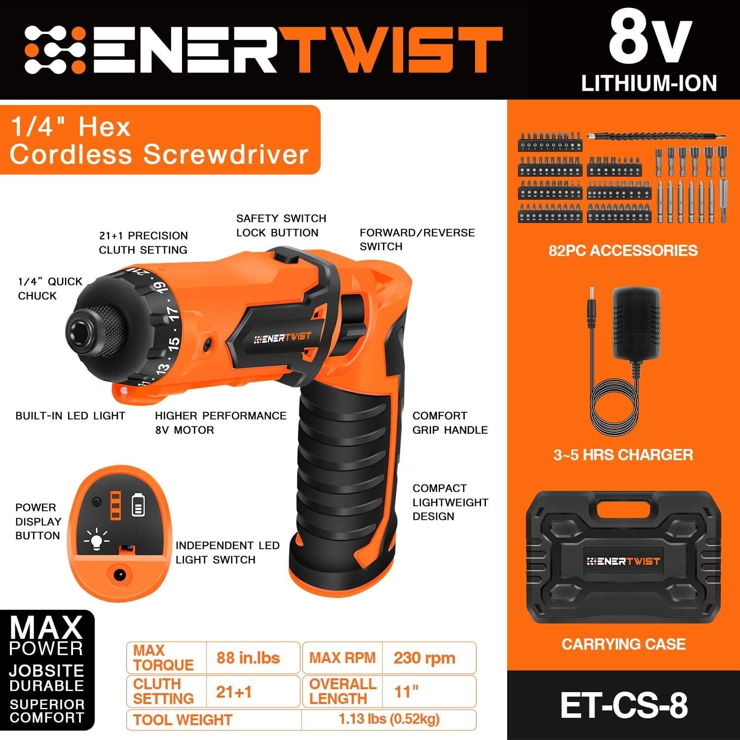 Cordless Screwdriver, 8V Max 10Nm Electric Rechargeable Set with 82Accessory Kit