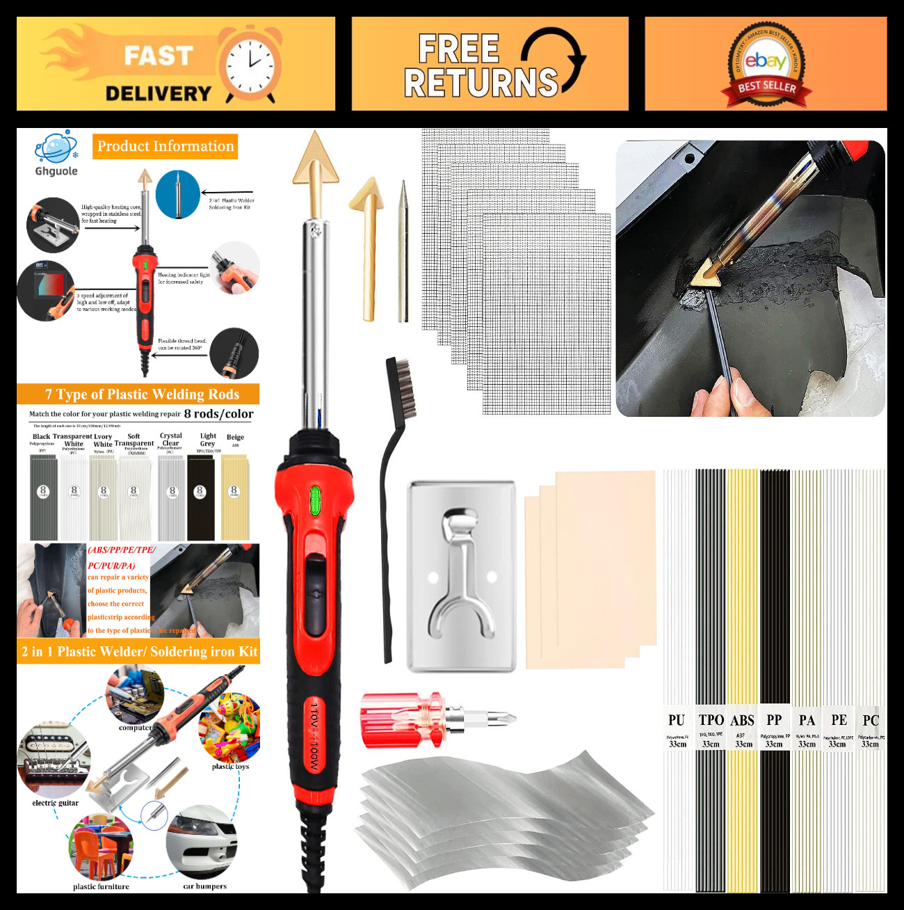 100W 2-in-1 Plastic Welder Kit, Soldering Iron with 56 Rods & Temp Control, Repa