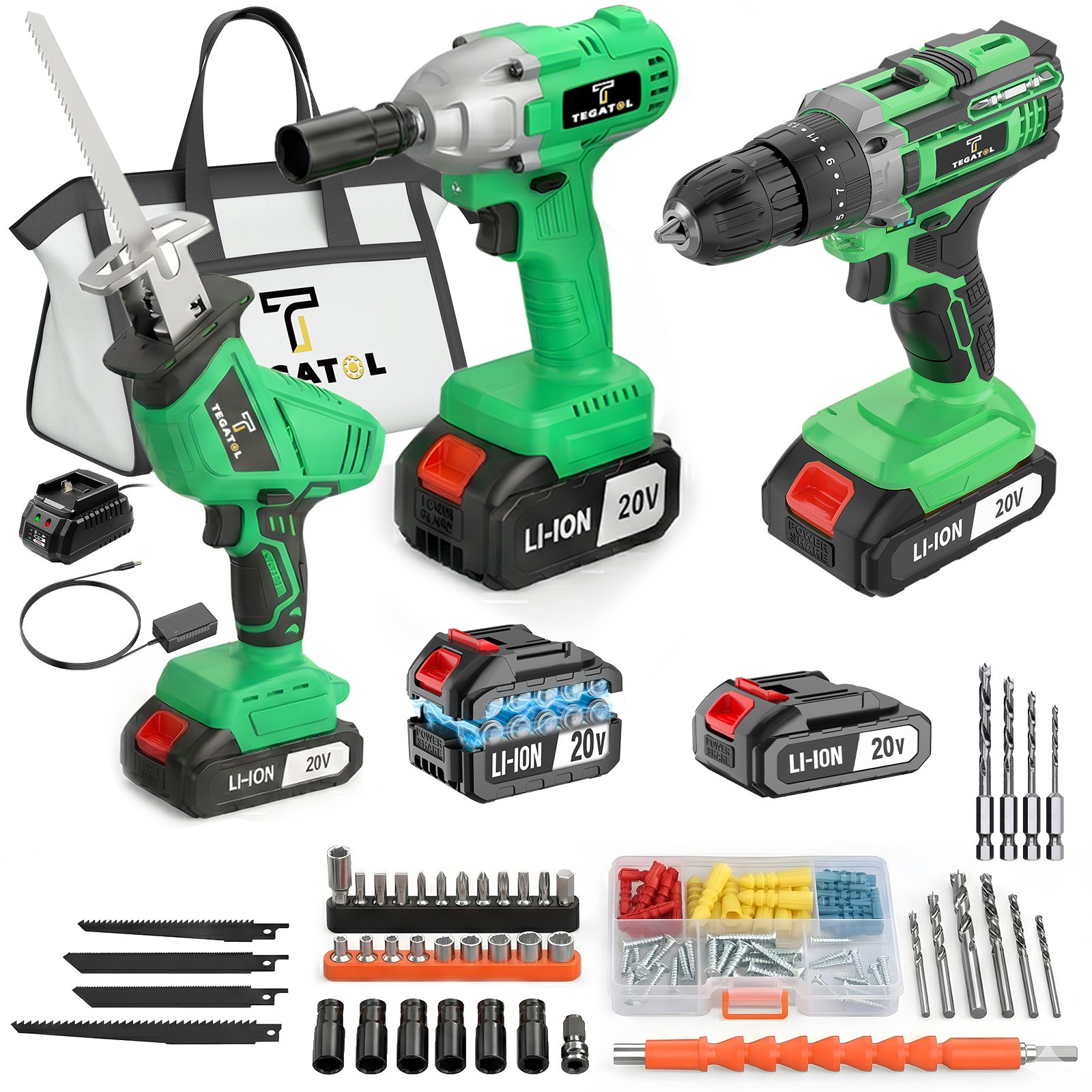 20V high torque wireless impact wrench/impact drill/reciprocating saw set