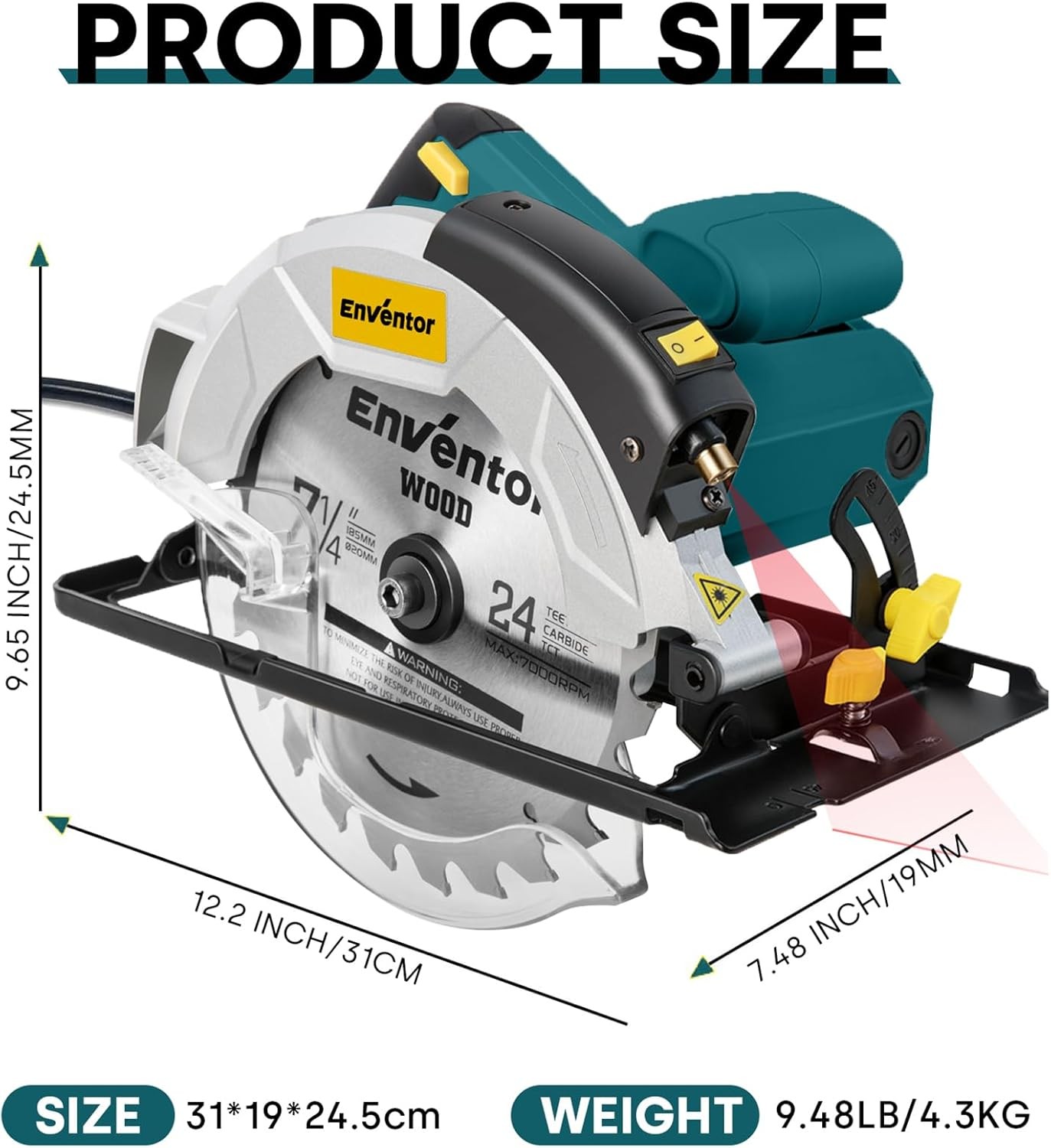 Sierra circular eléctrica 7-1/4 10A 5800RPM guía láser 0-90°