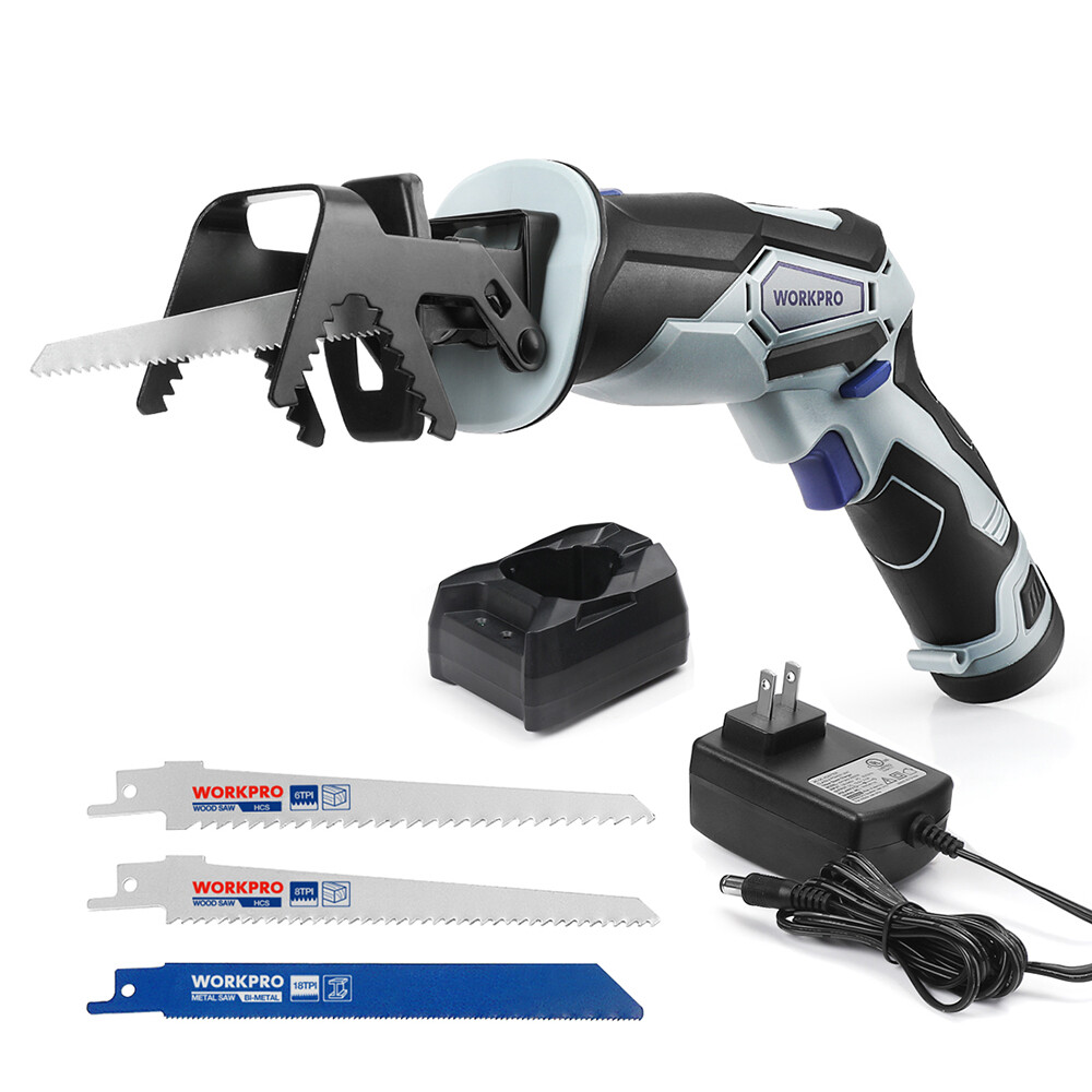 WORKPRO 12V Cordless Reciprocating Saw Clamping Jaw 3 Saw Blades Battery Charger