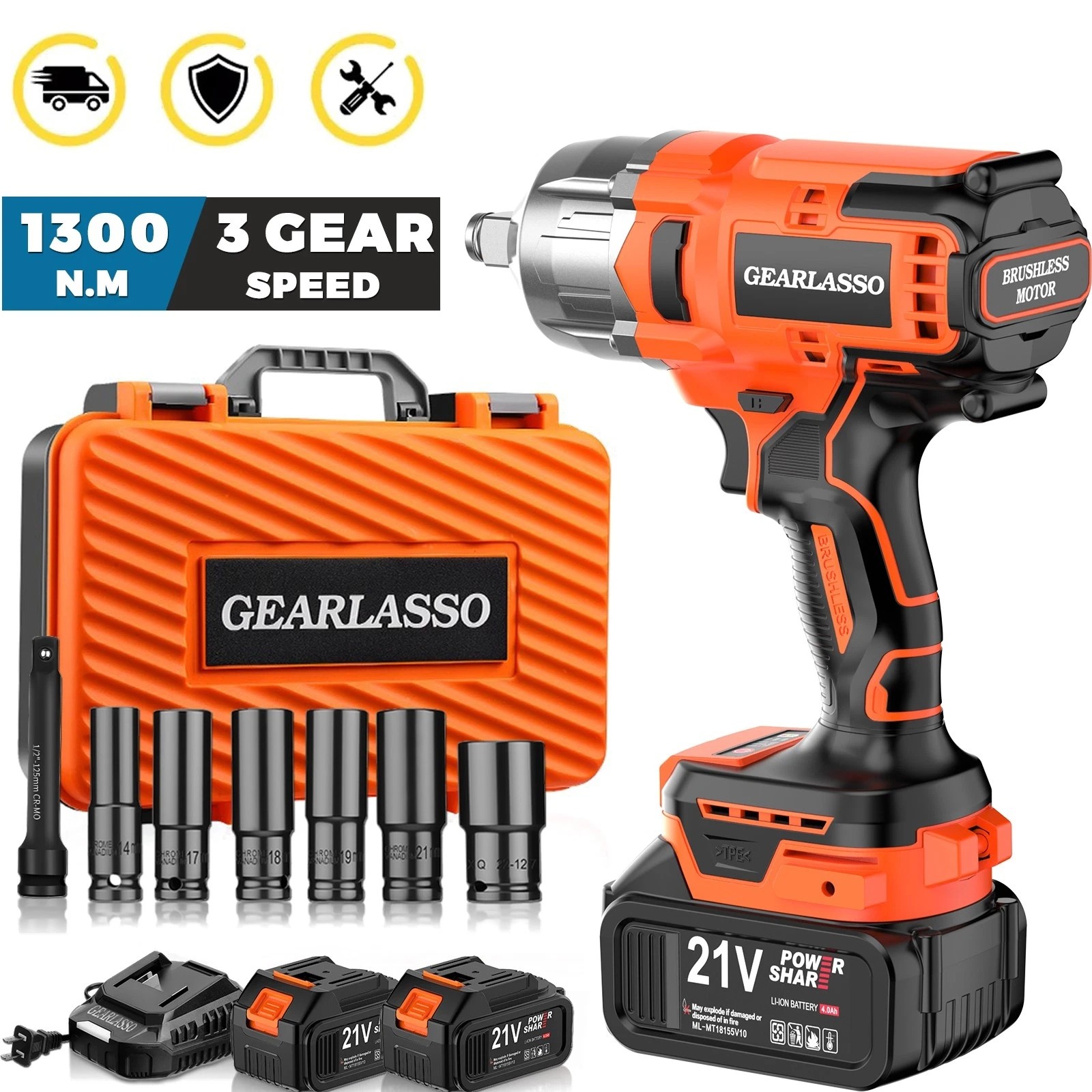 Electric Impact Wrench 800N.m 1/2 Drive Gearlasso Kit With 2 Batteries