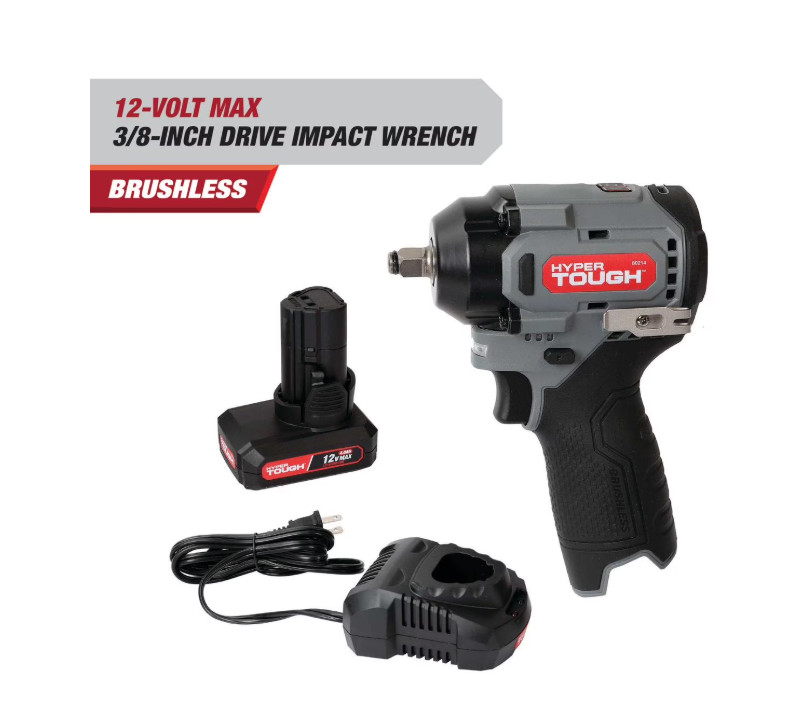 Hyper Tough 12V Max Cordless Brushless Impact Wrench, 4.0Ah Lithium-Ion, Charger
