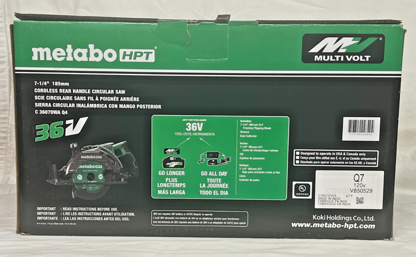 Metabo HPT 36V 7-1/4 » Rear Handle Circular Saw C3607DWA (Saw Only) NEW IN BOX