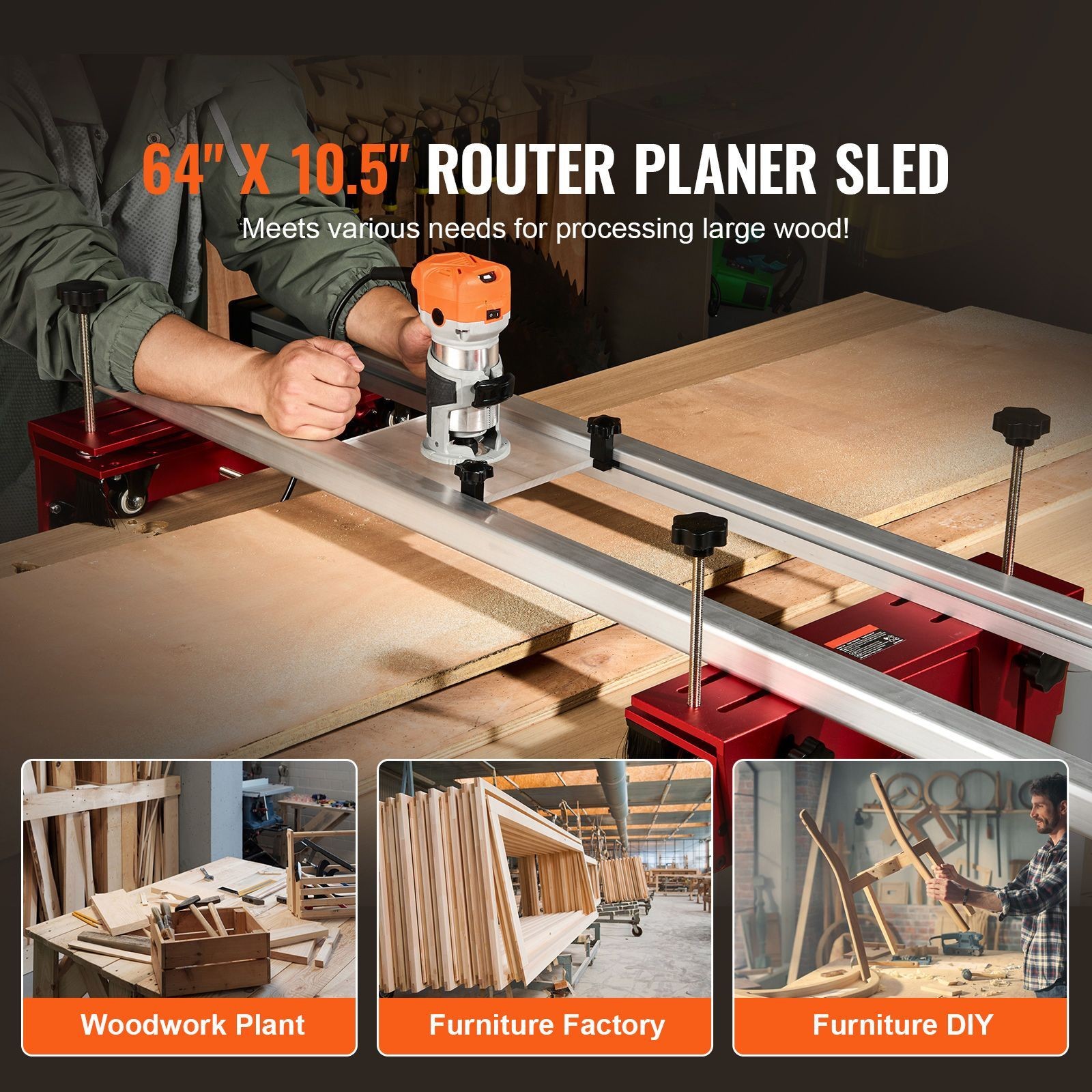 Router Sled: 64in Long, 0-5.5in Height Adjust, 6061 Aluminum, 8 Rollers