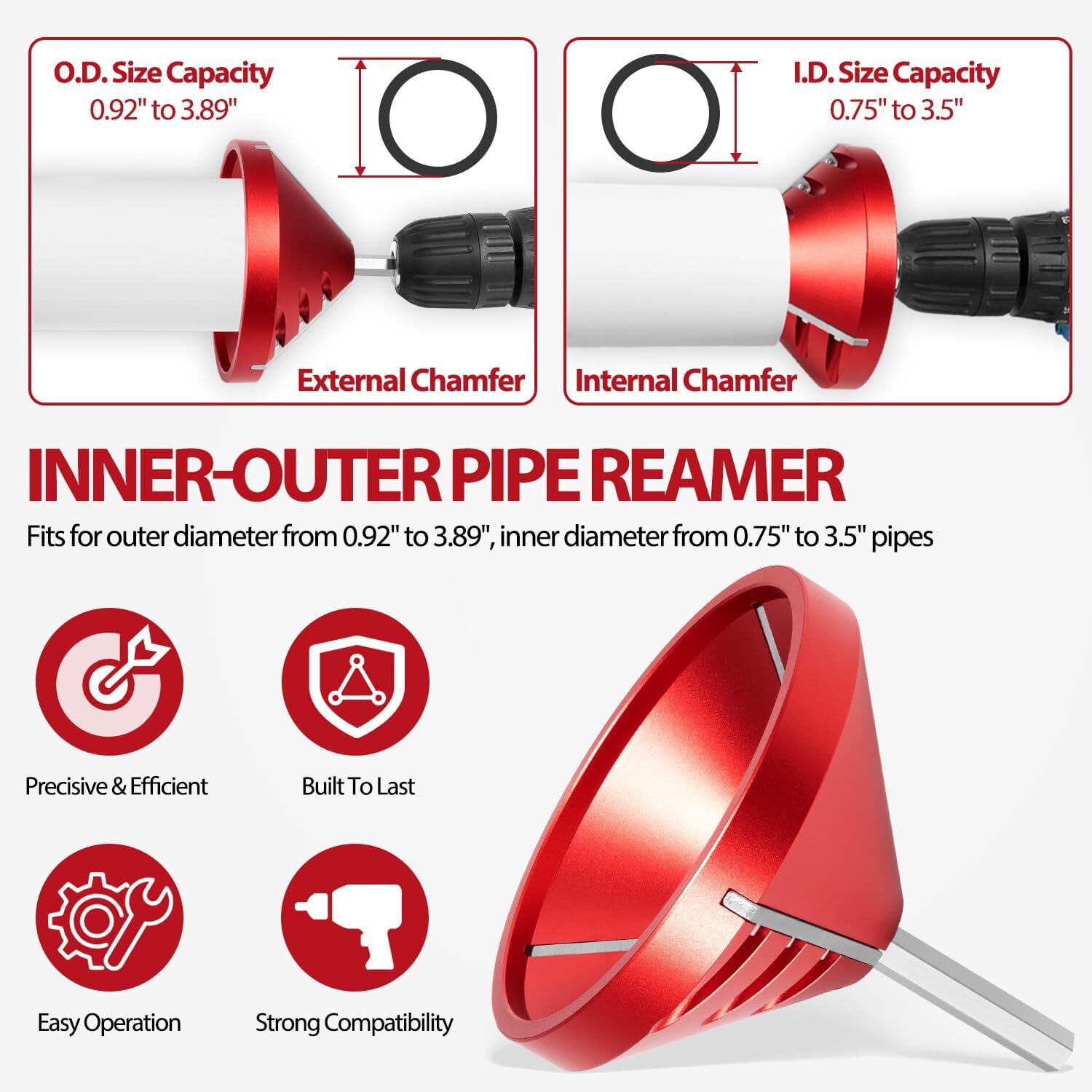 PVC Deburring Tool 2 In 1 for 0.75&Prime; to 3.89&Prime; CPVC ABS PP PE Pipe Chamfer Reamer