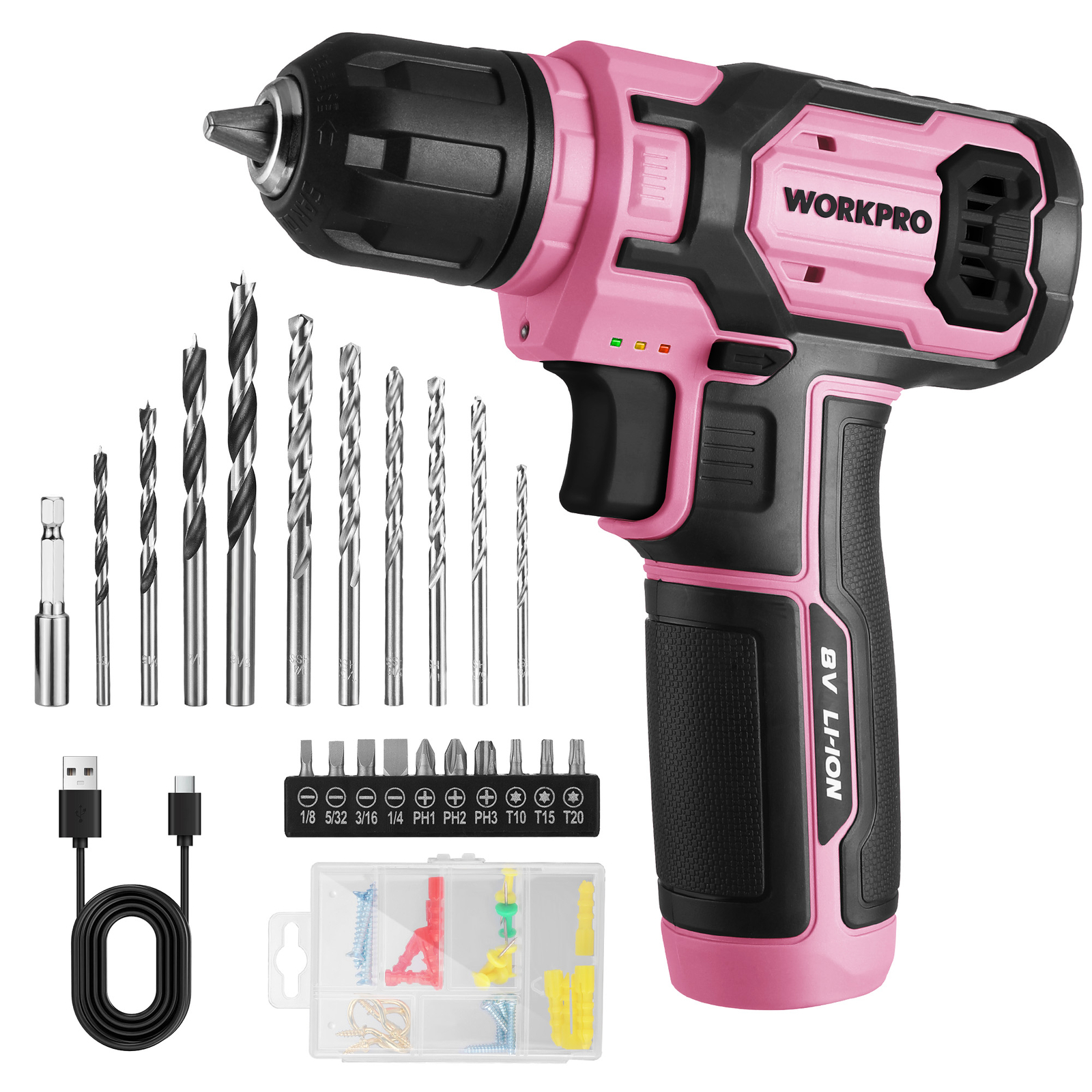 WORKPRO Pink Power Drill 8V Cordless Drill Kit with 53pcs Bit Set 2.0Ah Battery