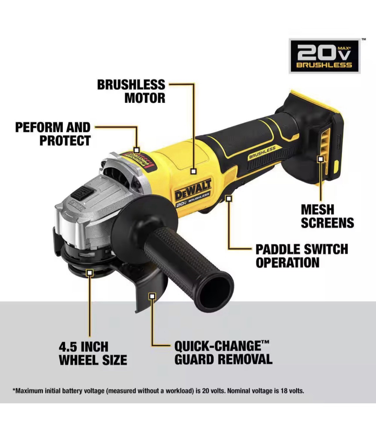 DEWALT DCG408B 20V MAX Brushless 4-1/2 Paddle Switch Angle Grinder Tool Only