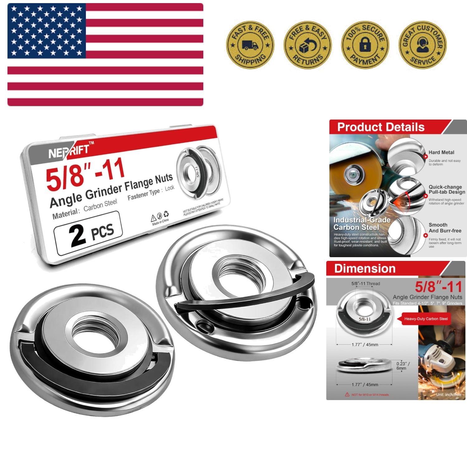 2 Pcs 5/8- Angle Grinder Flange Nuts with 5/8- Inch Thread, Quick Change Lock…