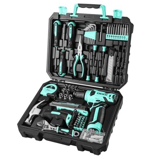 Tool Set: Tool Kit with 8V Cordless Drill, Hand Toolbox with storage Turquoise